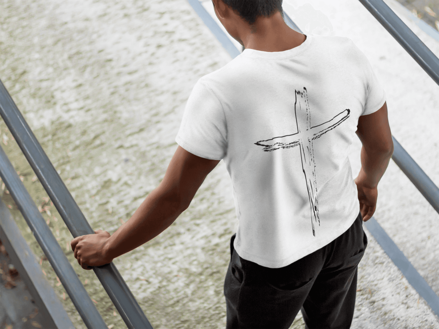 Christian Fitness Apparel Distressed cross on Back of Tough Nation Christian T-Shirt - White - Back