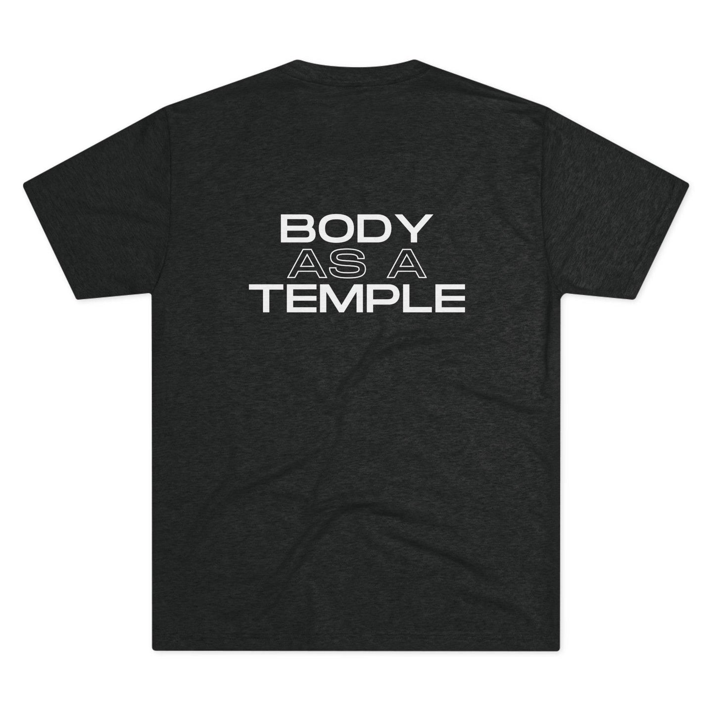 Back view of a vintage black shirt featuring the motivational text 'Body As A Temple' ideal for Christian fitness apparel.