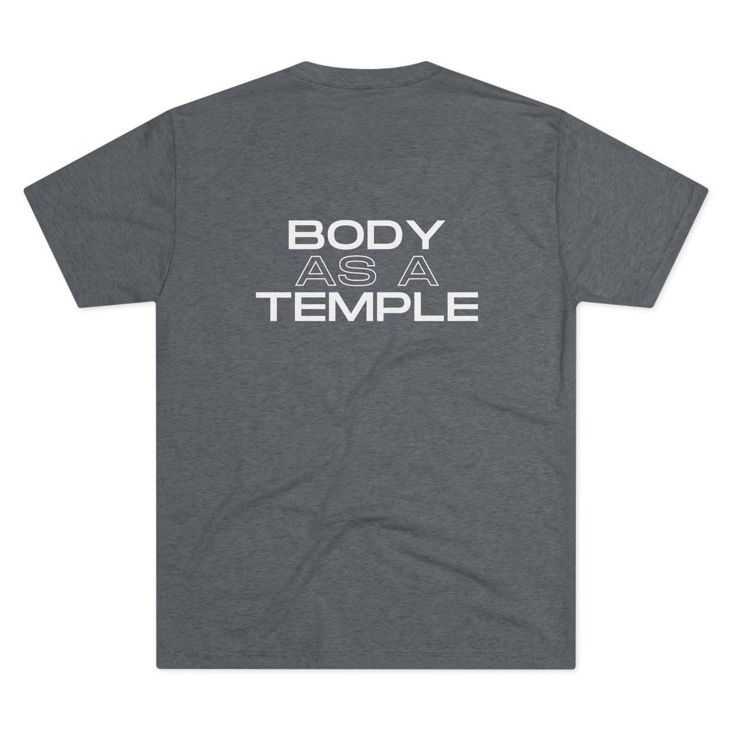 Back view of a premium heather shirt featuring the motivational text 'Body As A Temple' ideal for Christian fitness apparel.