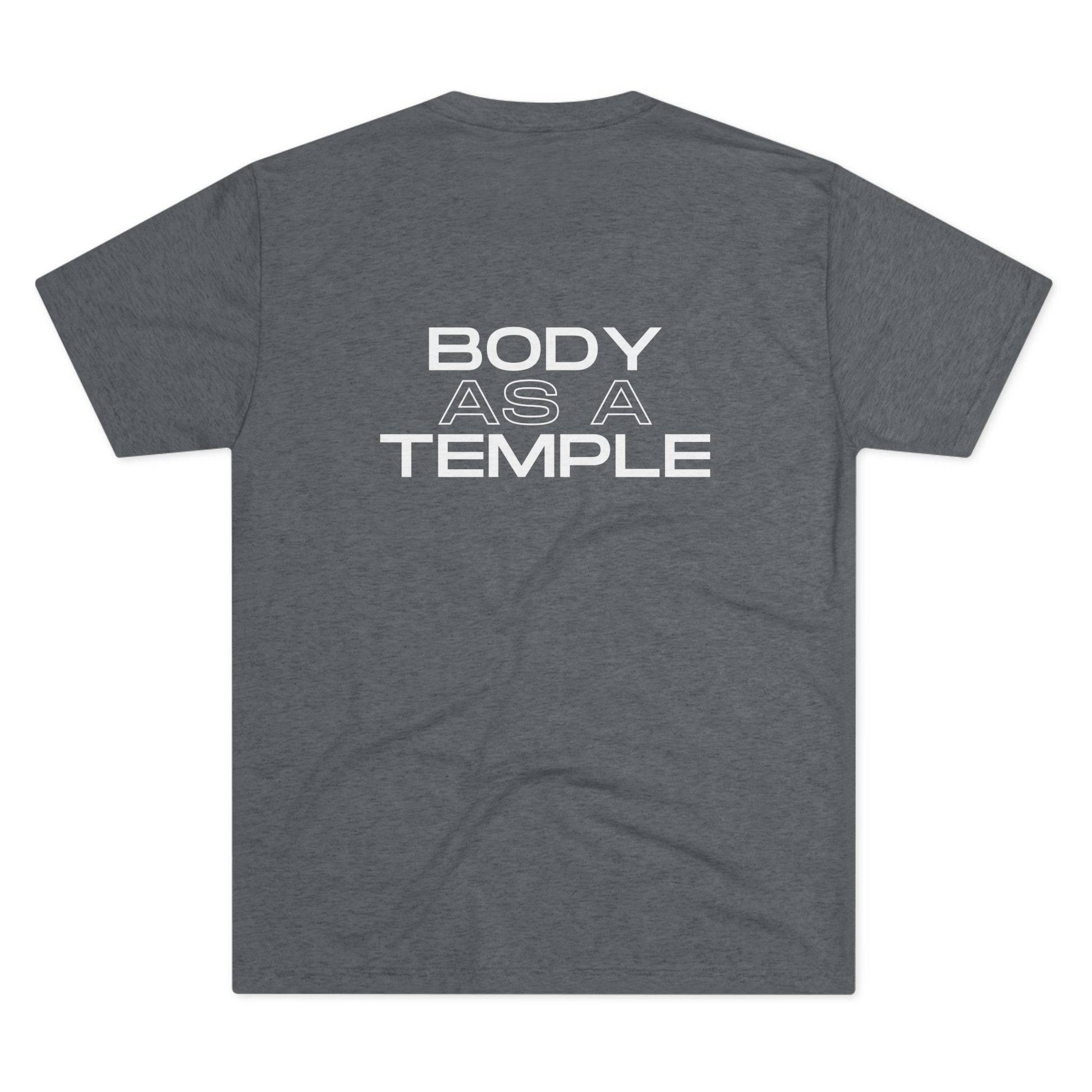 Back view of a premium heather shirt featuring the motivational text 'Body As A Temple' ideal for Christian fitness apparel.