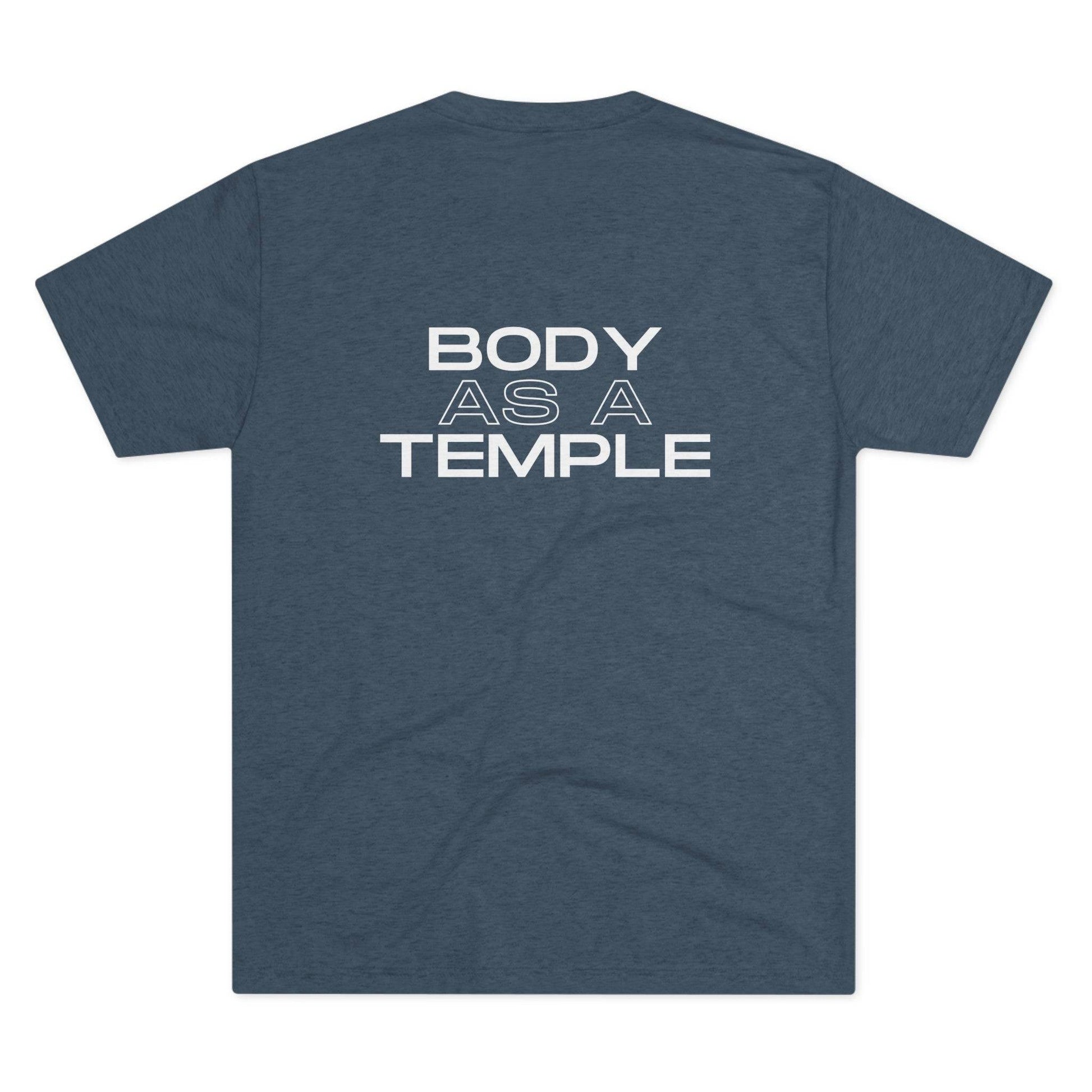 Back view of a indigo shirt featuring the motivational text 'Body As A Temple' ideal for Christian fitness apparel.