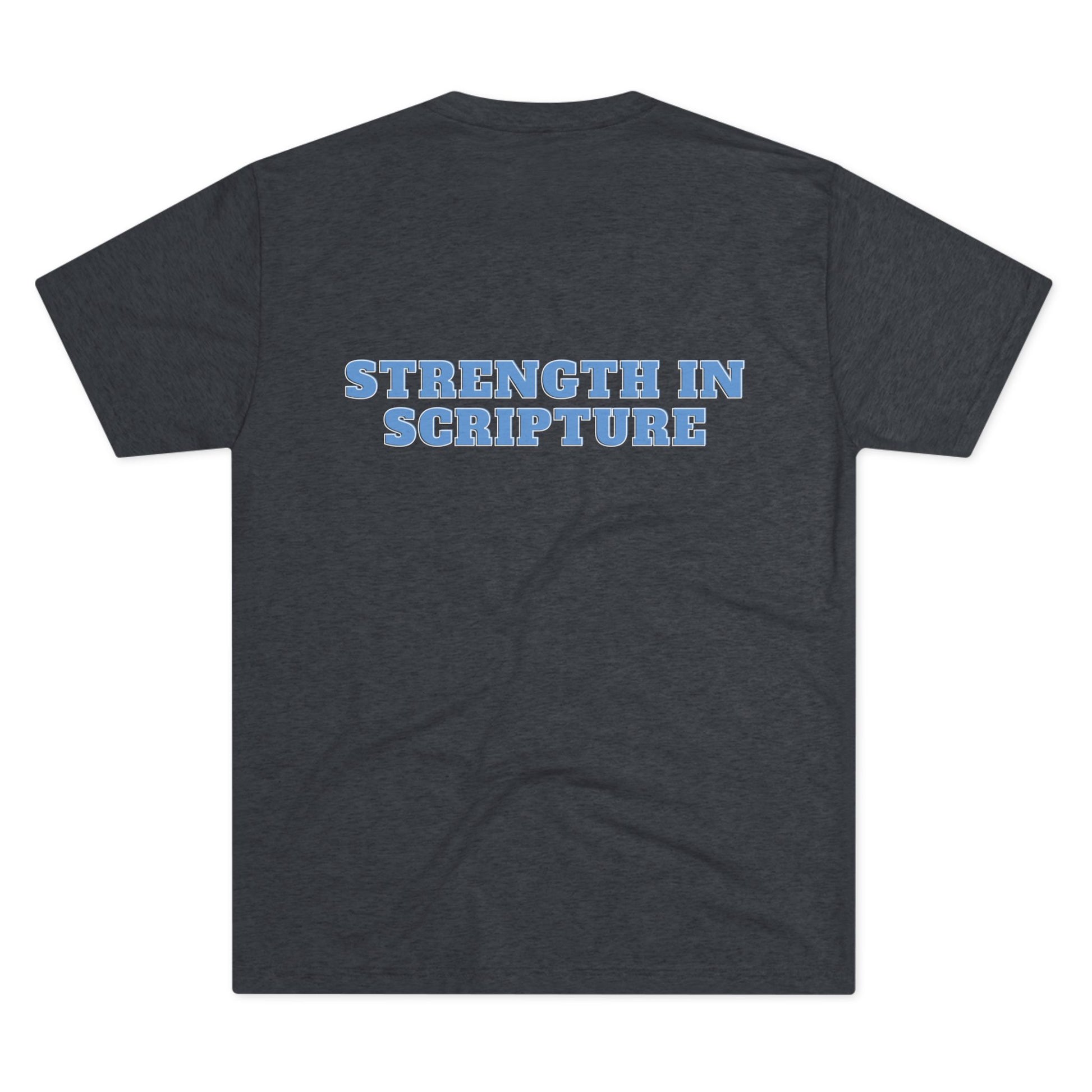 Strength In Scripture Christian T-Shirt by Tough Nation - Navy - Back Design - Bible Verse Workout Shirt