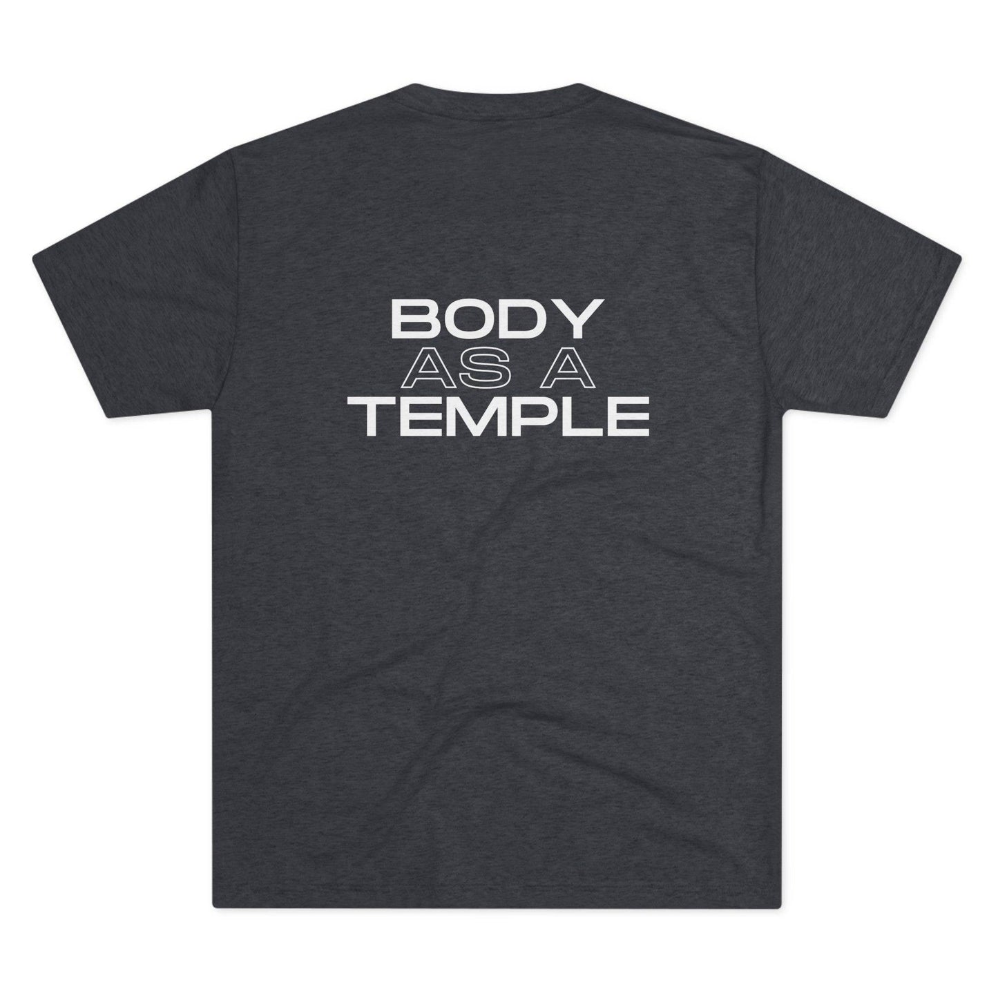 Back view of a vintage navy shirt featuring the motivational text 'Body As A Temple' ideal for Christian fitness apparel.