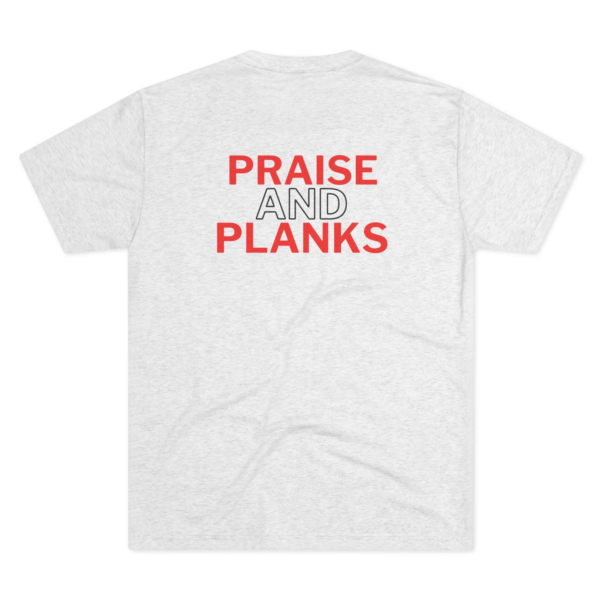 Tough Nation Praise & Planks Christian T-Shirt - White - Back Design Close-Up - Christian Fitness Motivation