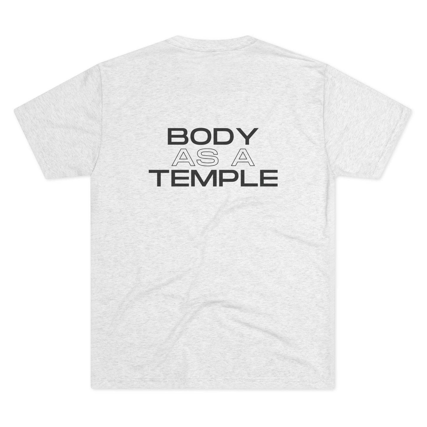 Back view of a heather white shirt featuring the motivational text 'Body As A Temple' ideal for Christian fitness apparel.