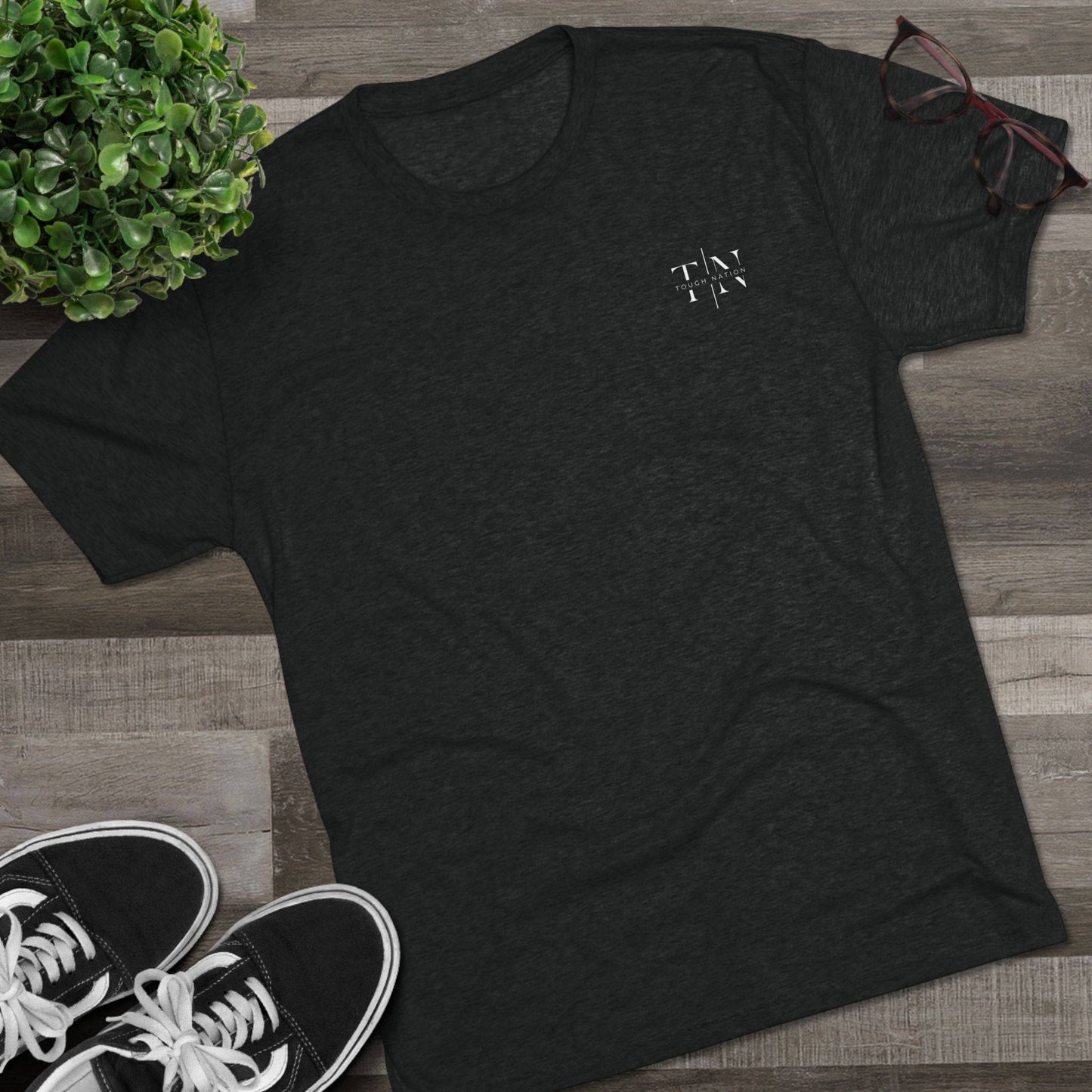 Tough Nation Faith & Fitness T-Shirt in Black - Flat Lay with Gym Essentials