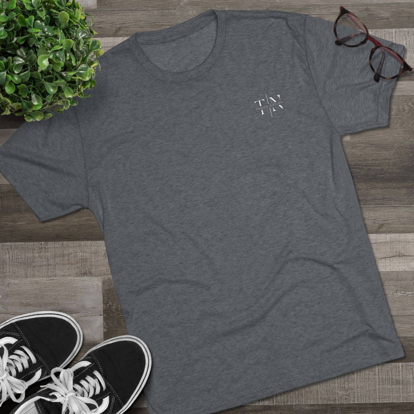 Stylish Christian Fitness Apparel: Tough Nation Faith & Fitness Tee in Grey - Overhead View