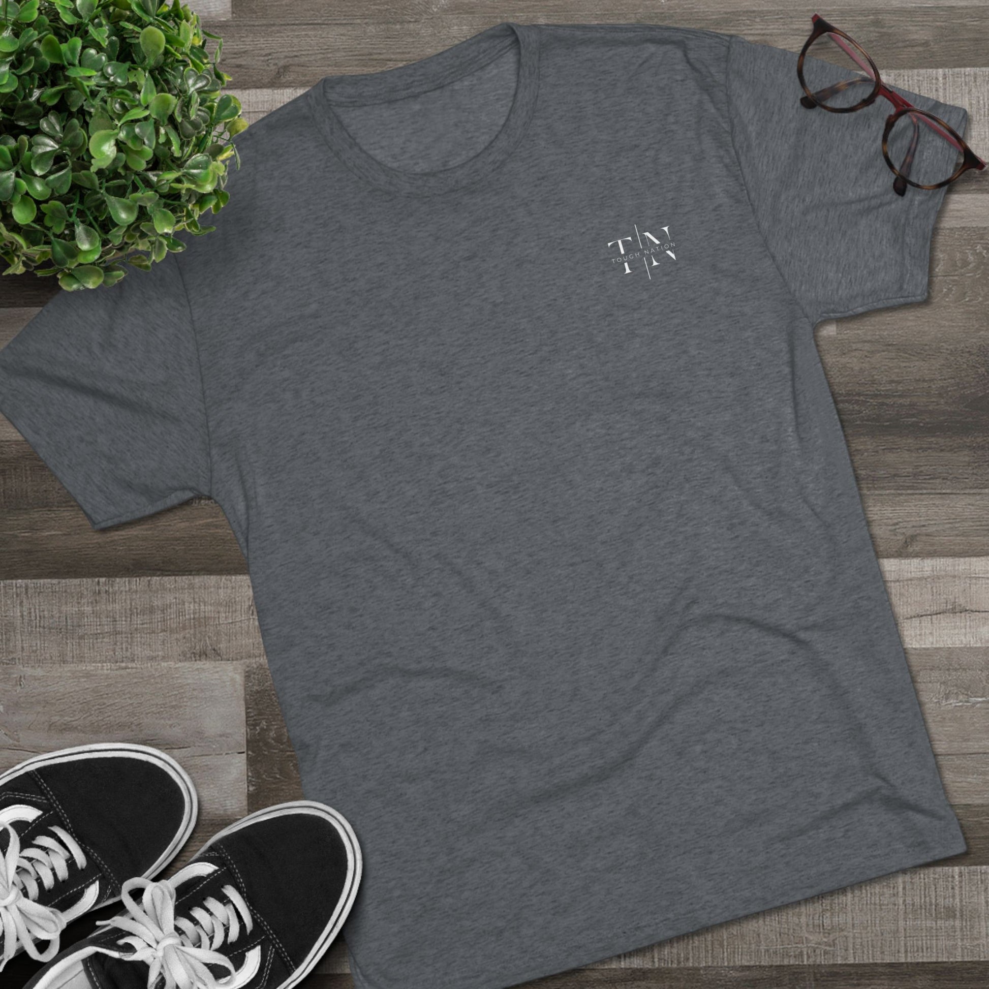 Tough Nation Faithful Fitness T-Shirt in Grey - Flat Lay with Objects Nearby