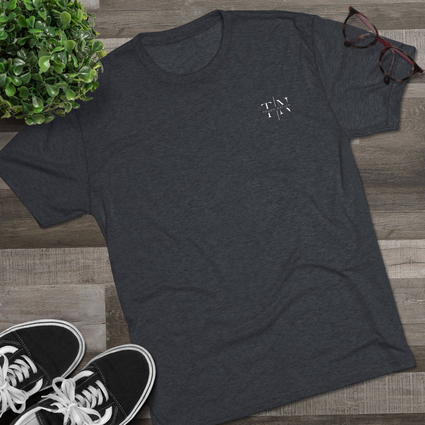 Christian Activewear Flat Lay: Tough Nation Faith & Fitness Tee in Navy