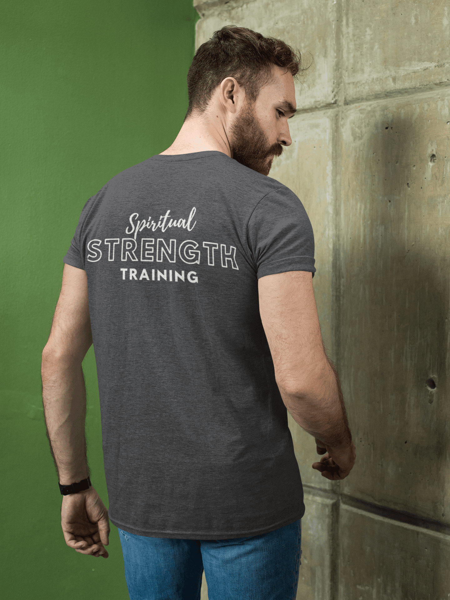 Christian Workout Clothes: Tough Nation Spiritual Strength Training T-Shirt in Grey - Back View