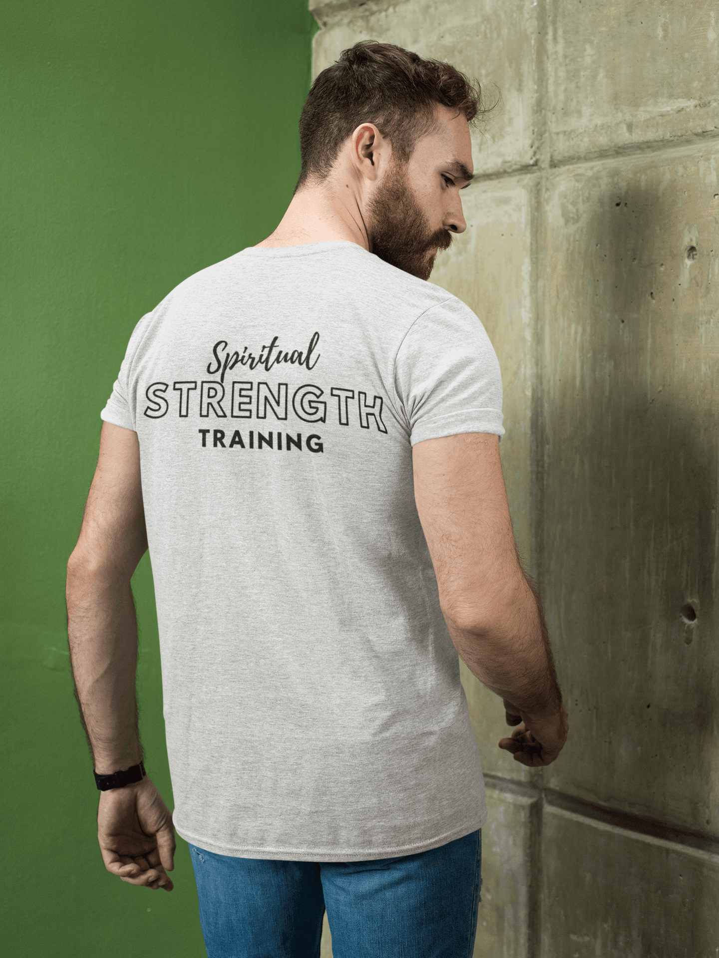 Man Wearing Tough Nation Spiritual Strength Training T-Shirt in White - Back View - Faith-Inspired Fitness