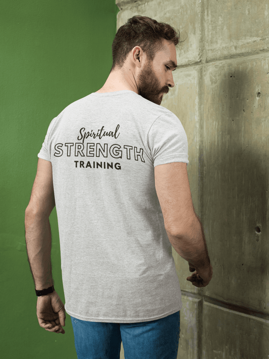 Man Wearing Tough Nation Spiritual Strength Training T-Shirt in White - Back View - Faith-Inspired Fitness