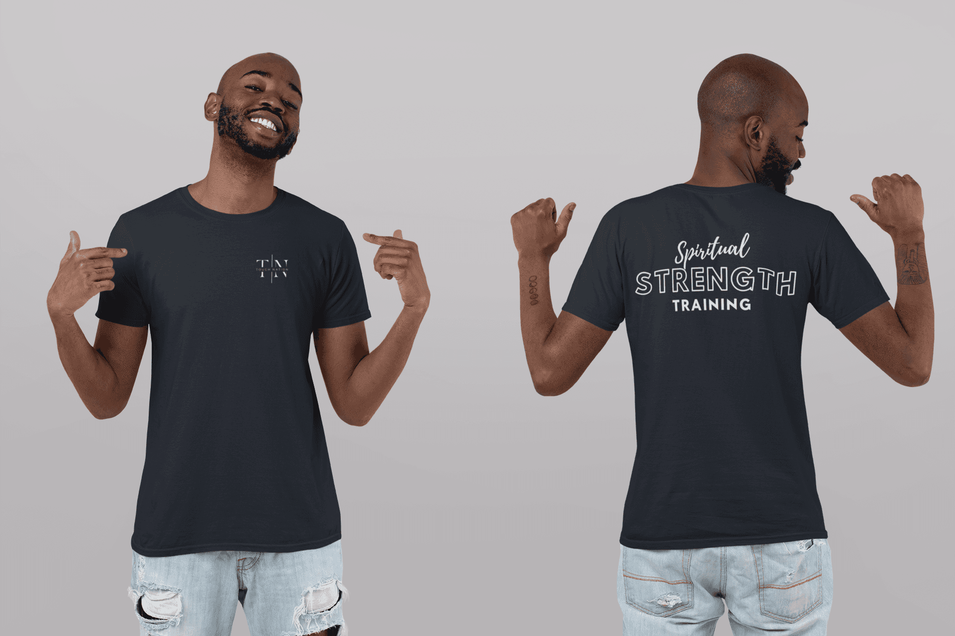 Tough Nation Spiritual Strength Training Tee - Navy - Model Showcasing Front and Back Designs