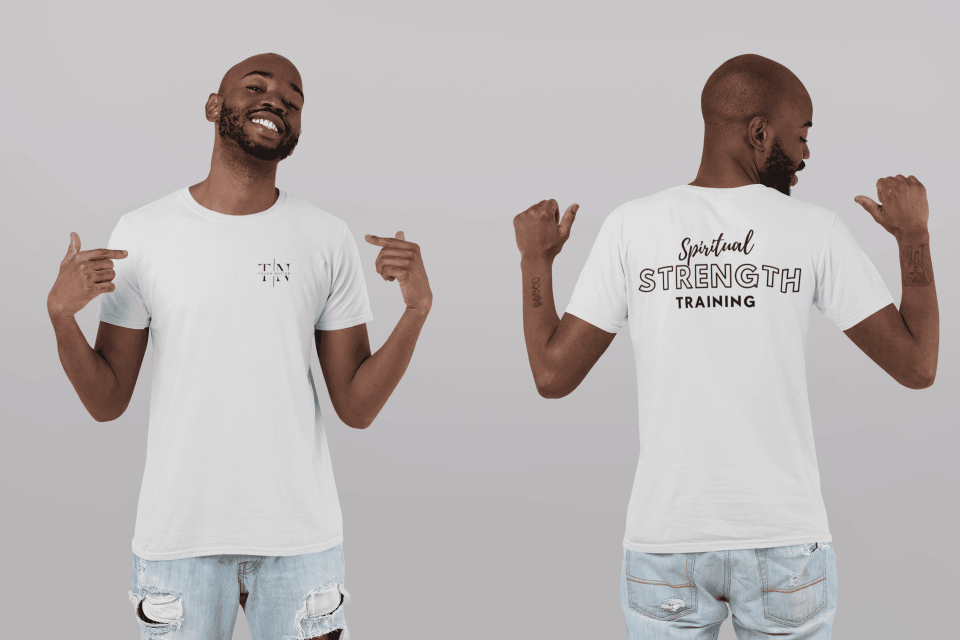 Tough Nation Spiritual Strength Training Christian T-Shirt in White - Front and Back View on Model