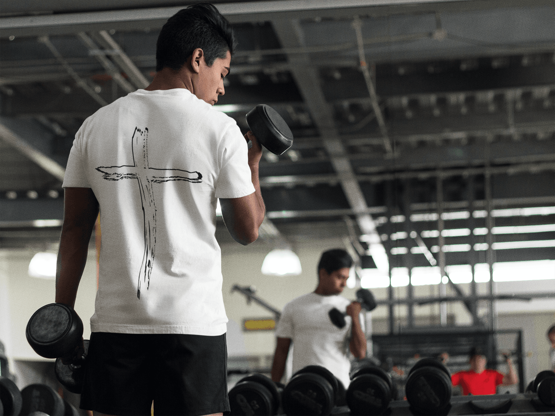 Man Wearing Tough Nation Undeniable Faith Christian T-Shirt During Workout - White - back