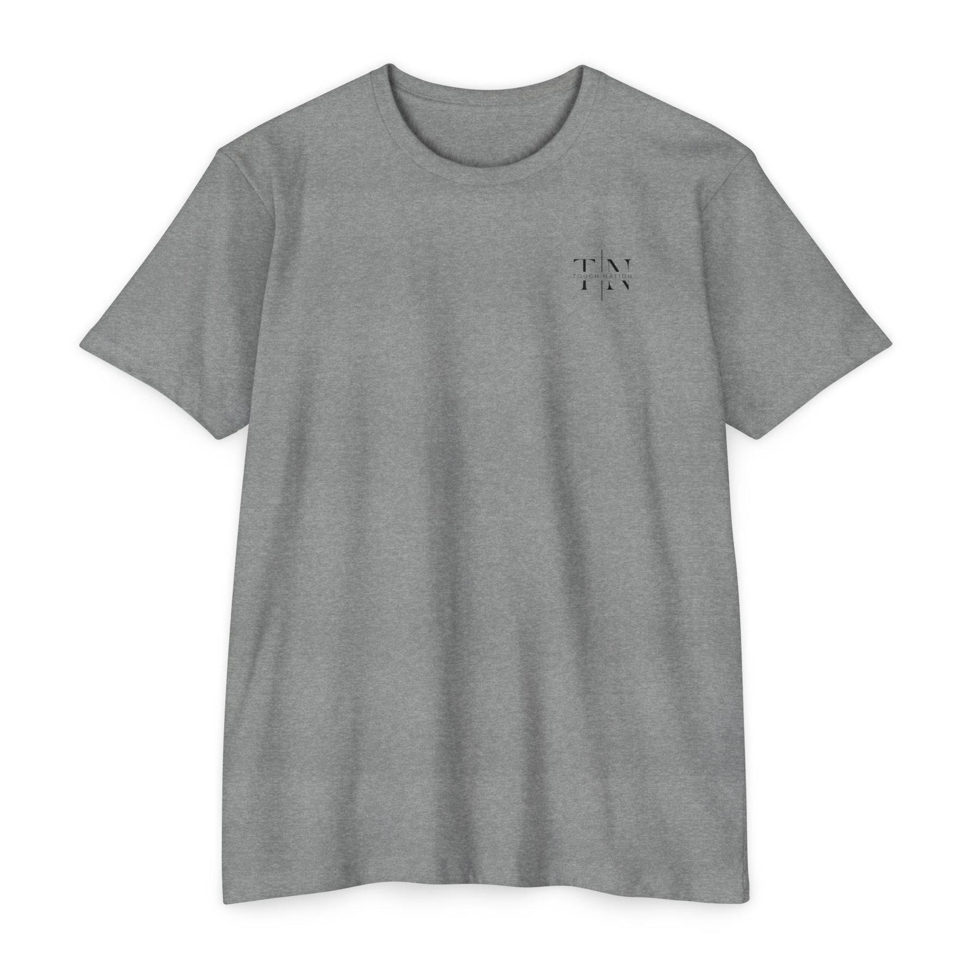 Tough Nation Faith At My Core Christian T-Shirt - Dark Heather Grey - Front View with T|N Logo