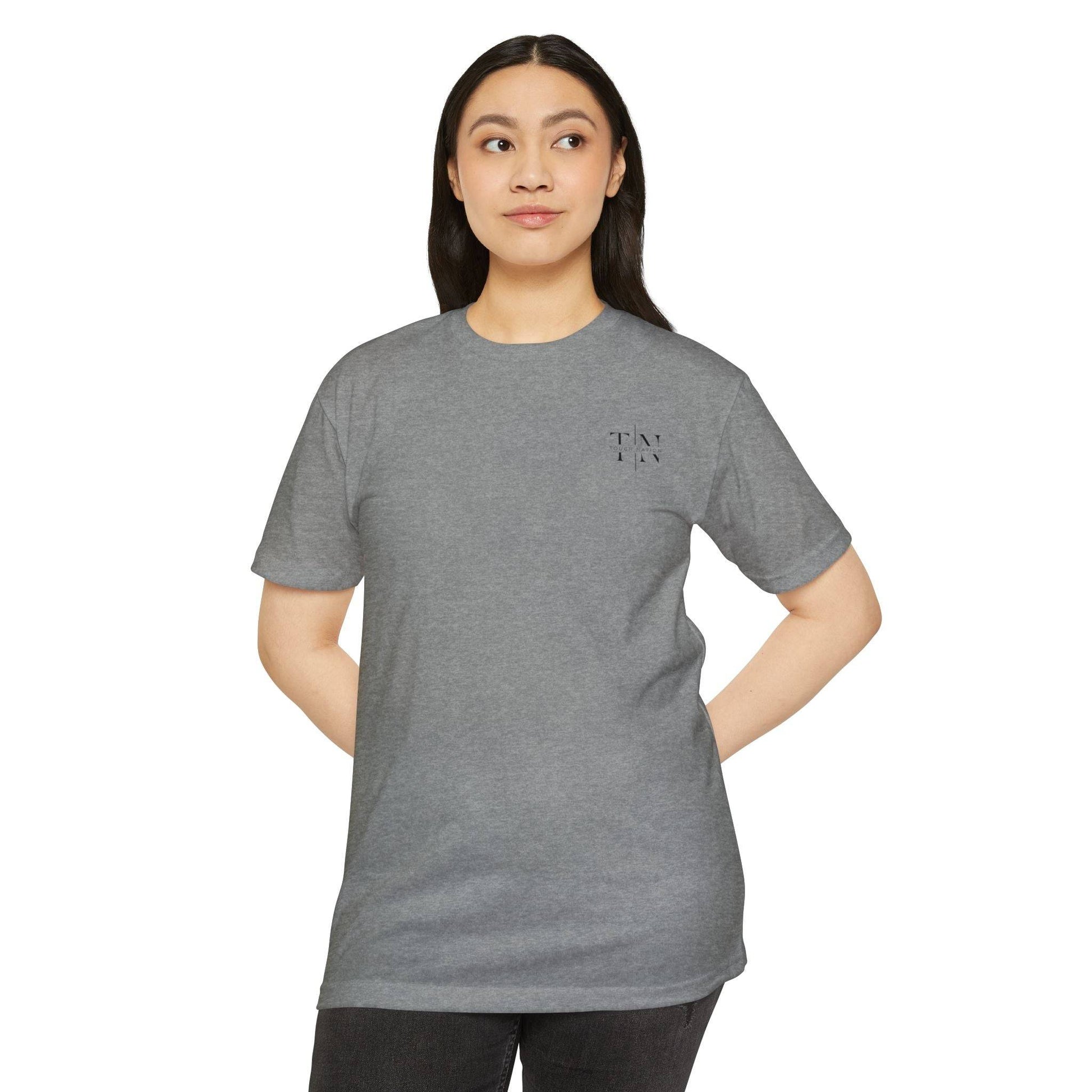 Tough Nation Faith At My Core Christian T-Shirt - Dark Heather Grey - Front View on Model - Casual Christian Apparel