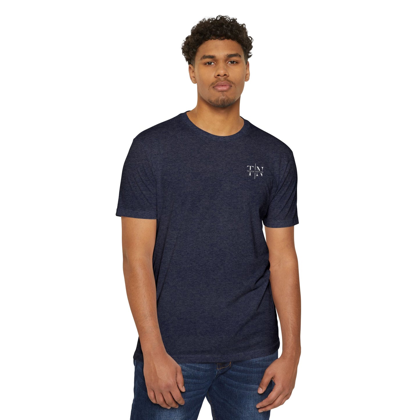 Tough Nation Faith At My Core T-Shirt - Navy - Front View on Model - Men's Christian Activewear