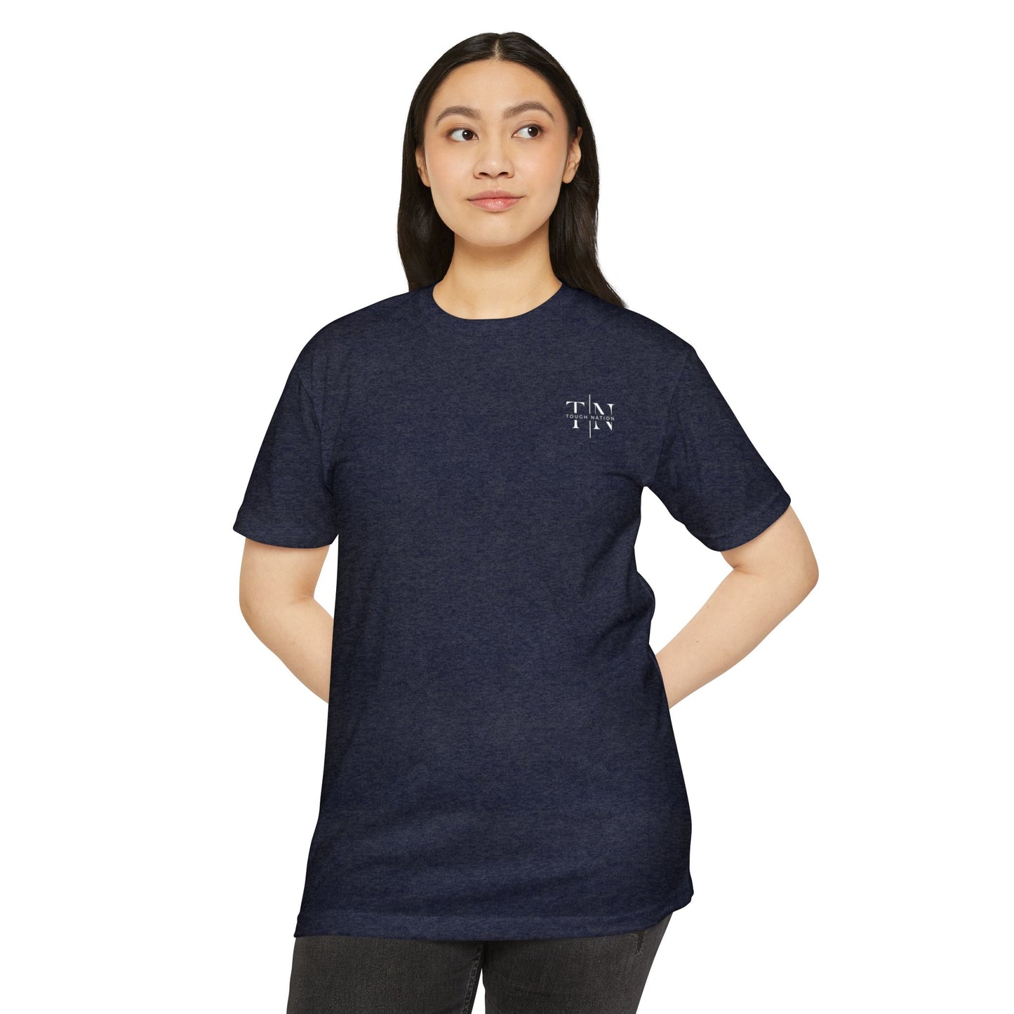 Woman Wearing Tough Nation Faith At My Core T-Shirt - Navy - Front View - Christian Fitness Inspiration