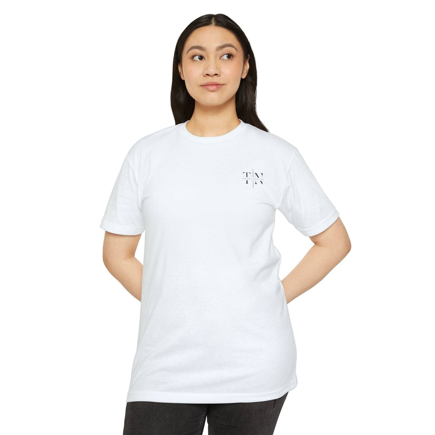 Tough Nation Faith At My Core T-Shirt - White - Front View on Model - Women's Christian Workout Clothes