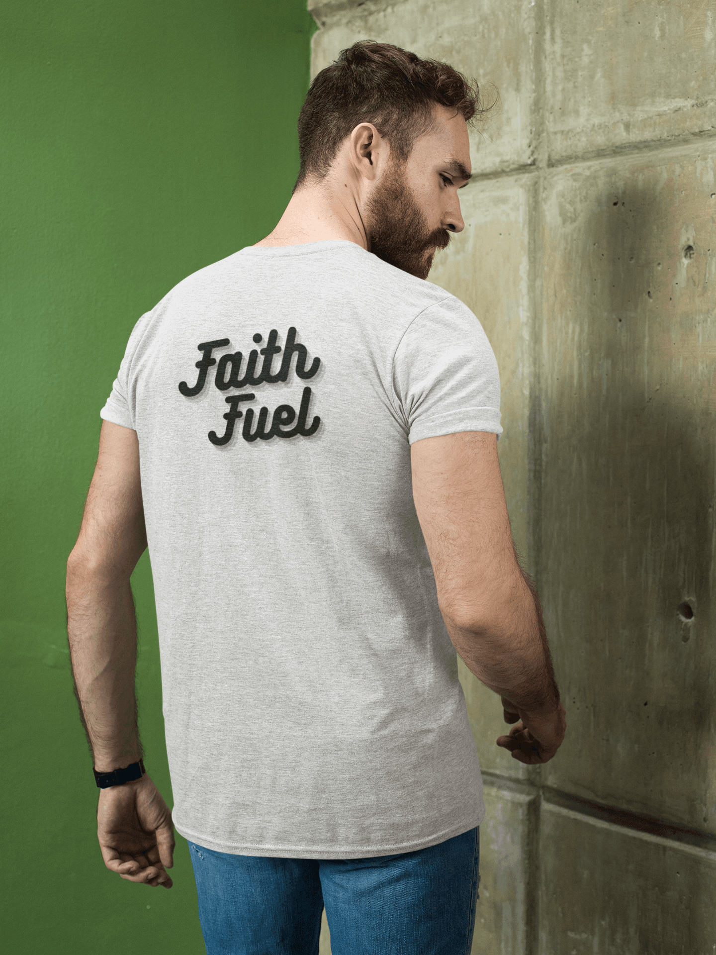 Man Wearing Tough Nation Faith Fuel Christian Fitness T-Shirt in White - Back View