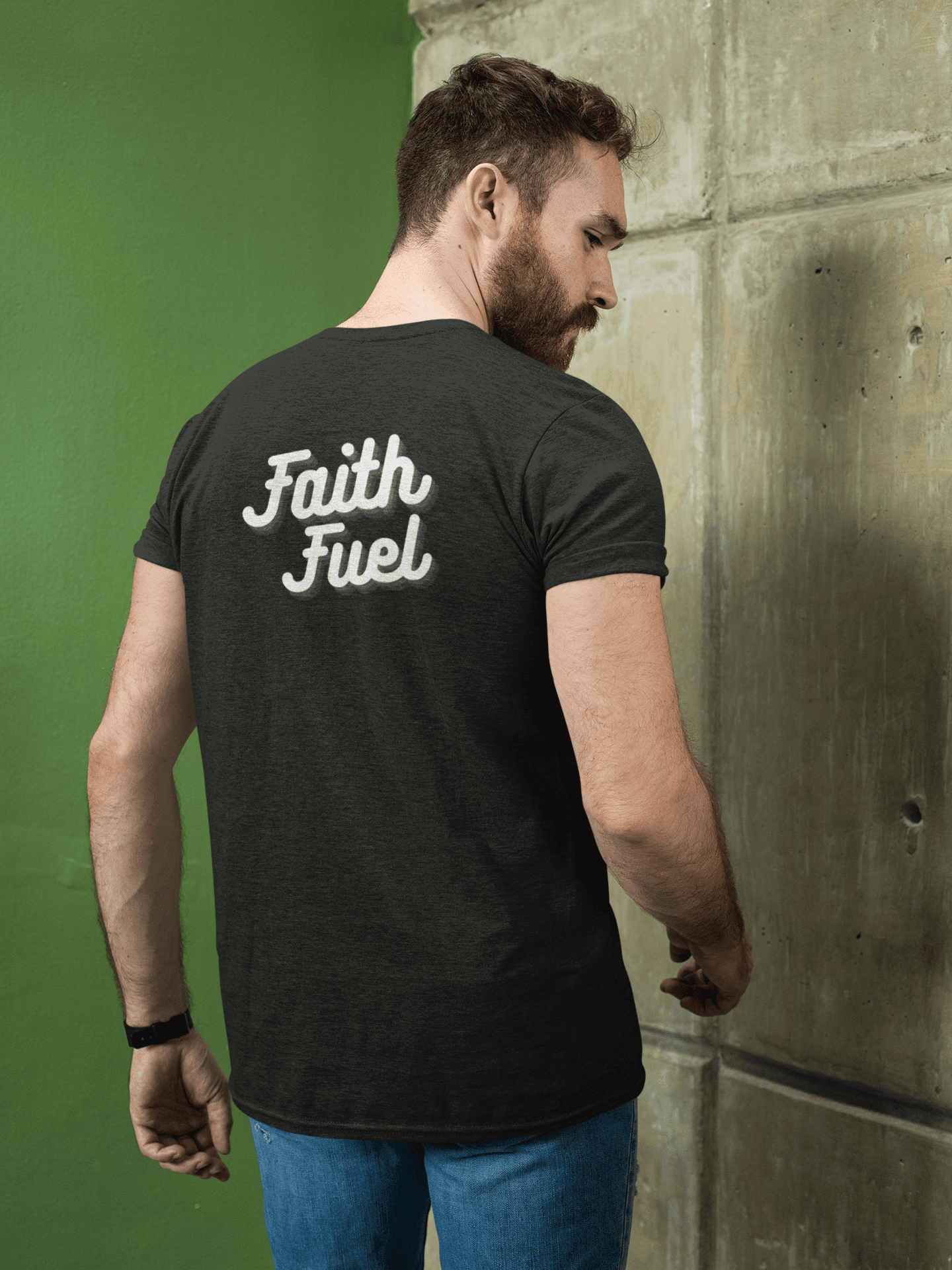 Model Wearing Tough Nation Faith Fuel Christian T-Shirt in Black - Back Design