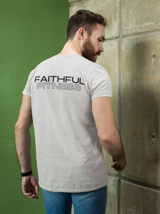 Man Wearing Tough Nation Faithful Fitness Christian T-Shirt in White - Back View