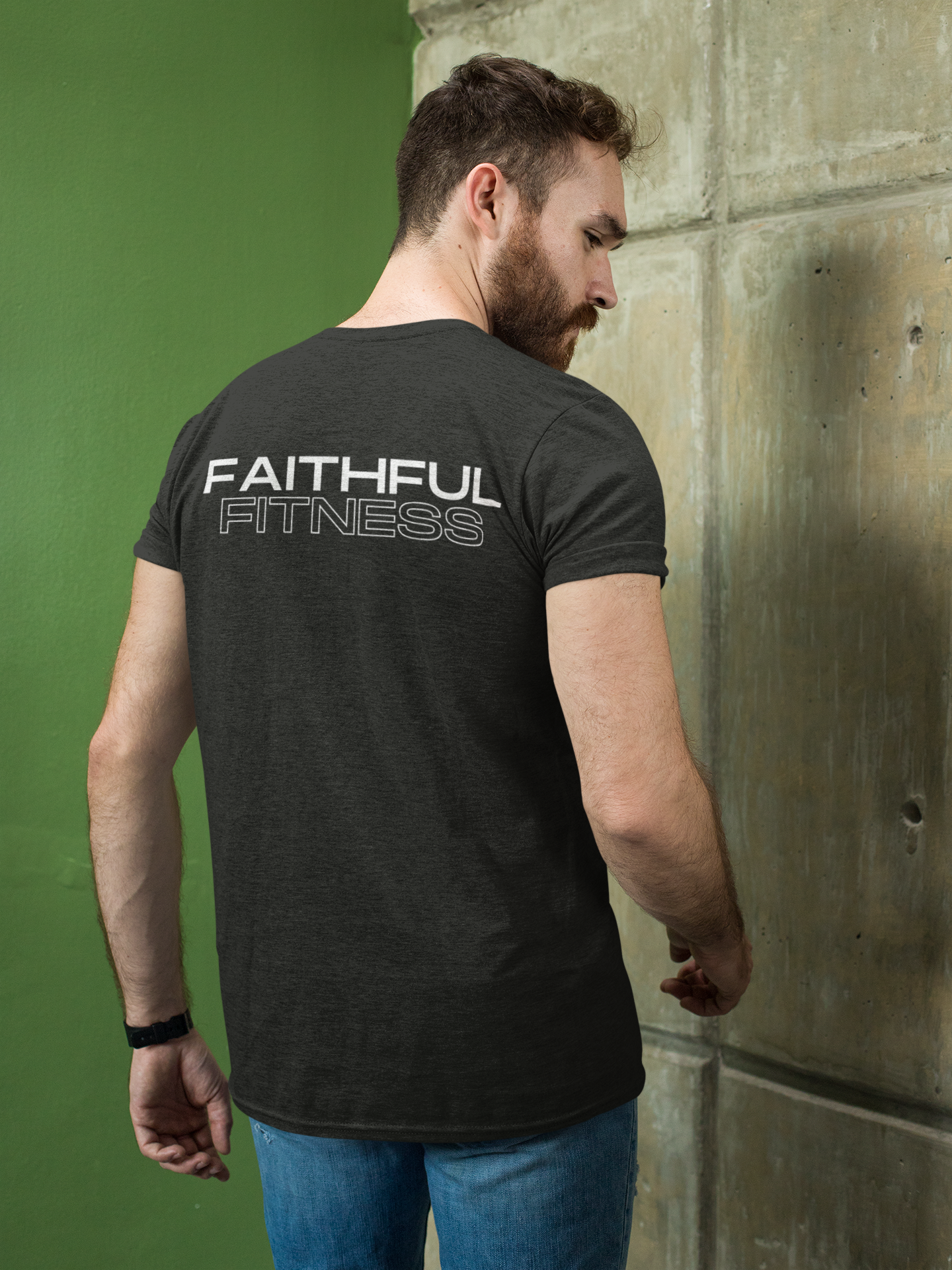 Model Sporting Tough Nation Faithful Fitness Christian T-Shirt in Black - Back Design