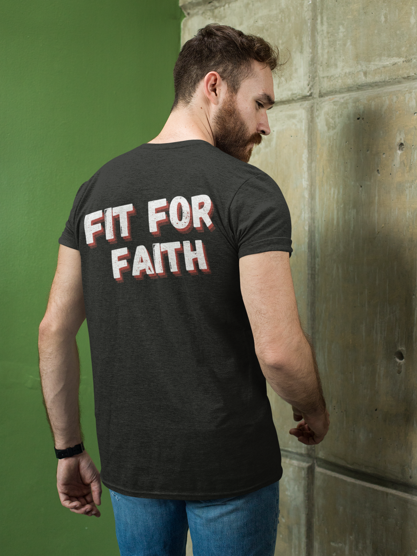 Model Wearing Tough Nation Fit For Faith Christian T-Shirt in Black - Back View - Christian Activewear