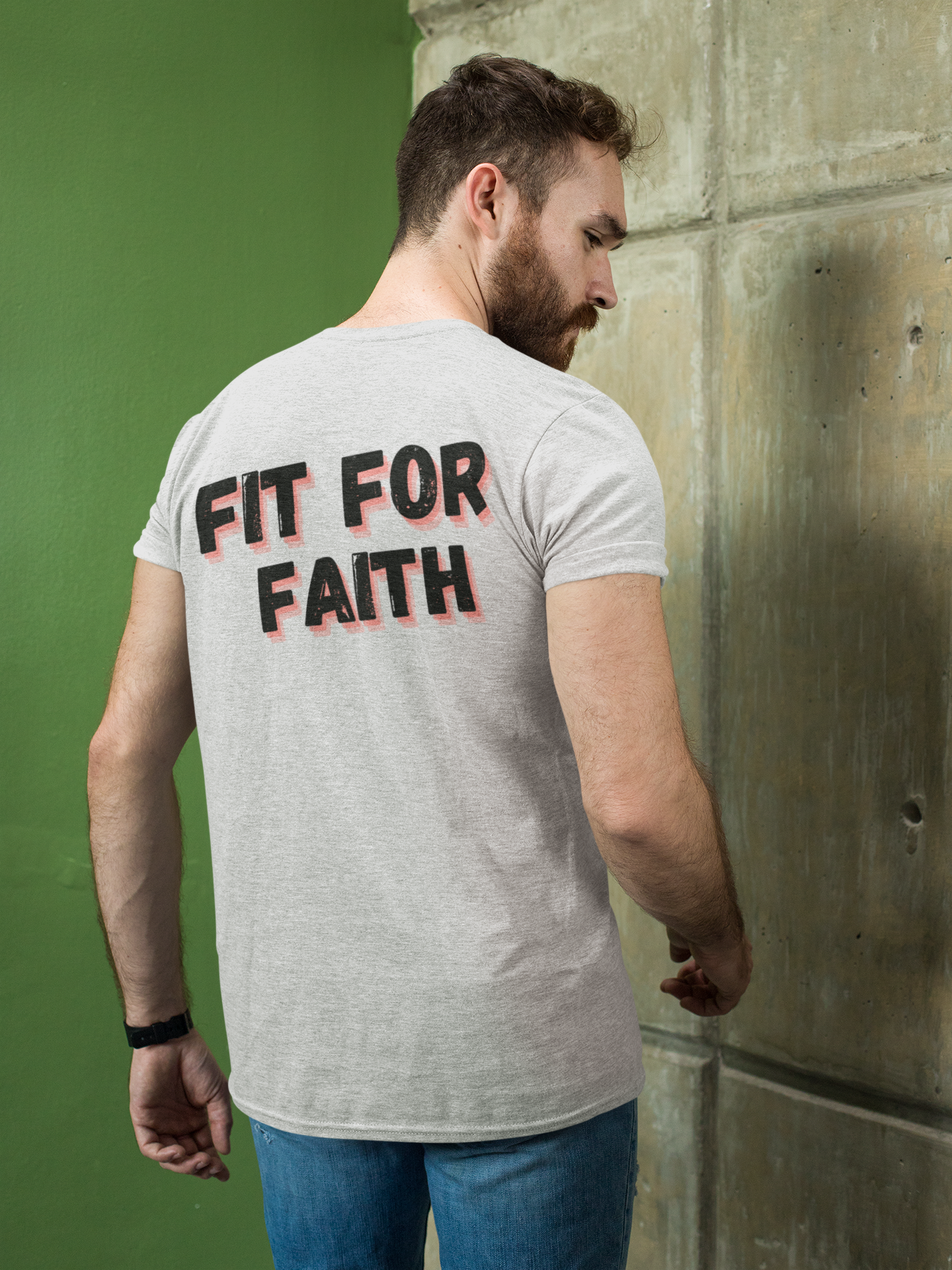 Man Wearing Tough Nation Fit For Faith Christian T-Shirt in White - Back View