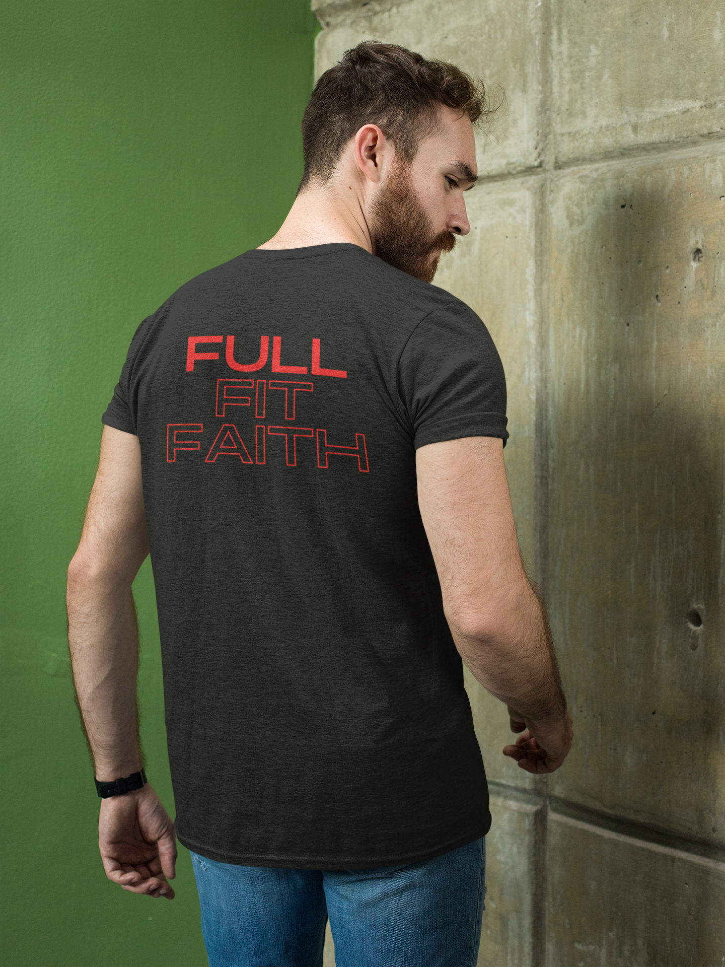 Model Sporting Tough Nation Full Fit Faith T-Shirt in Black - Back View - Christian Fitness