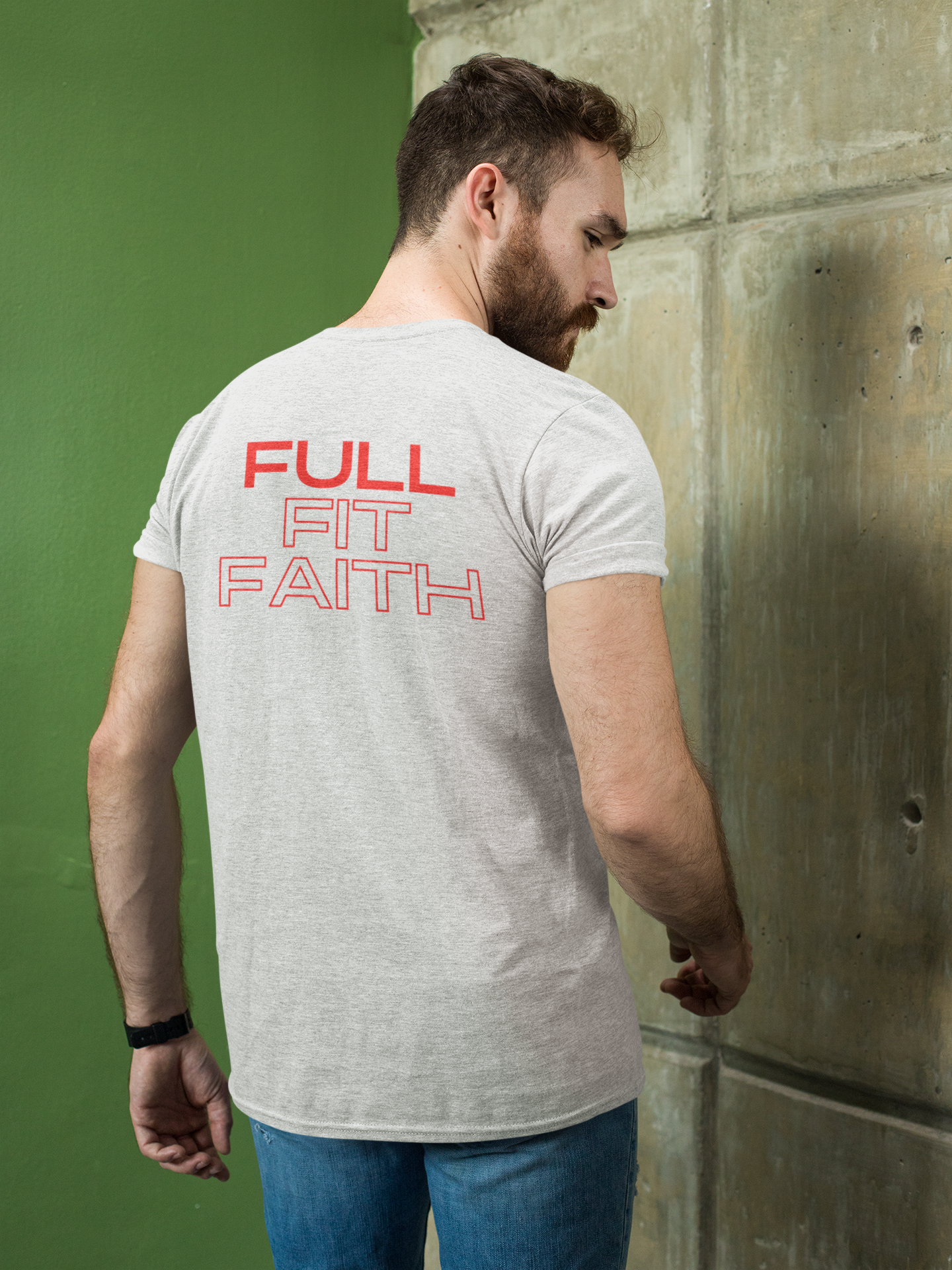 Man Wearing Tough Nation Full Fit Faith Christian T-Shirt - White - Back View