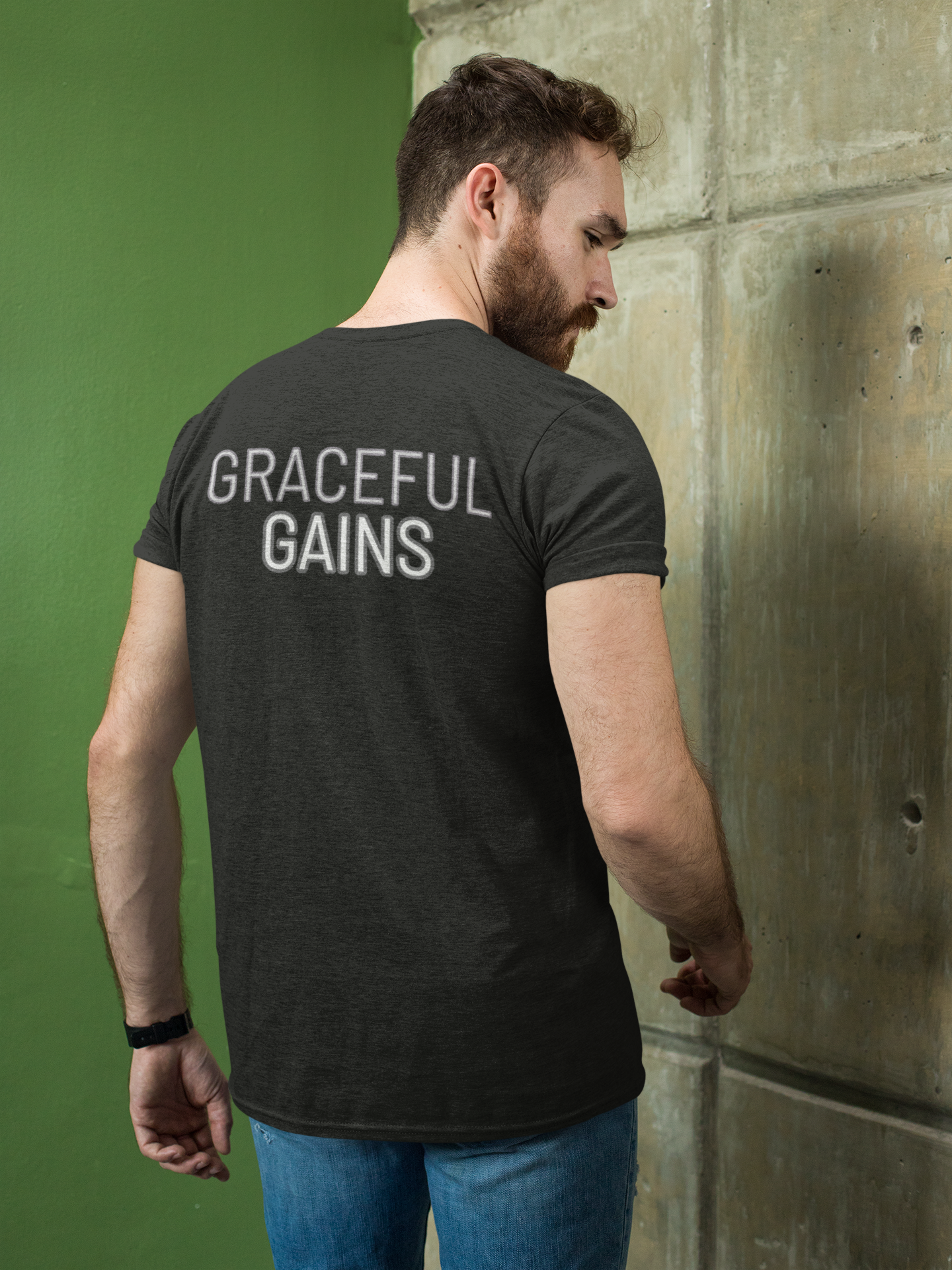 Model Wearing Tough Nation Graceful Gains Christian T-Shirt - Black - Back View - Christian Activewear