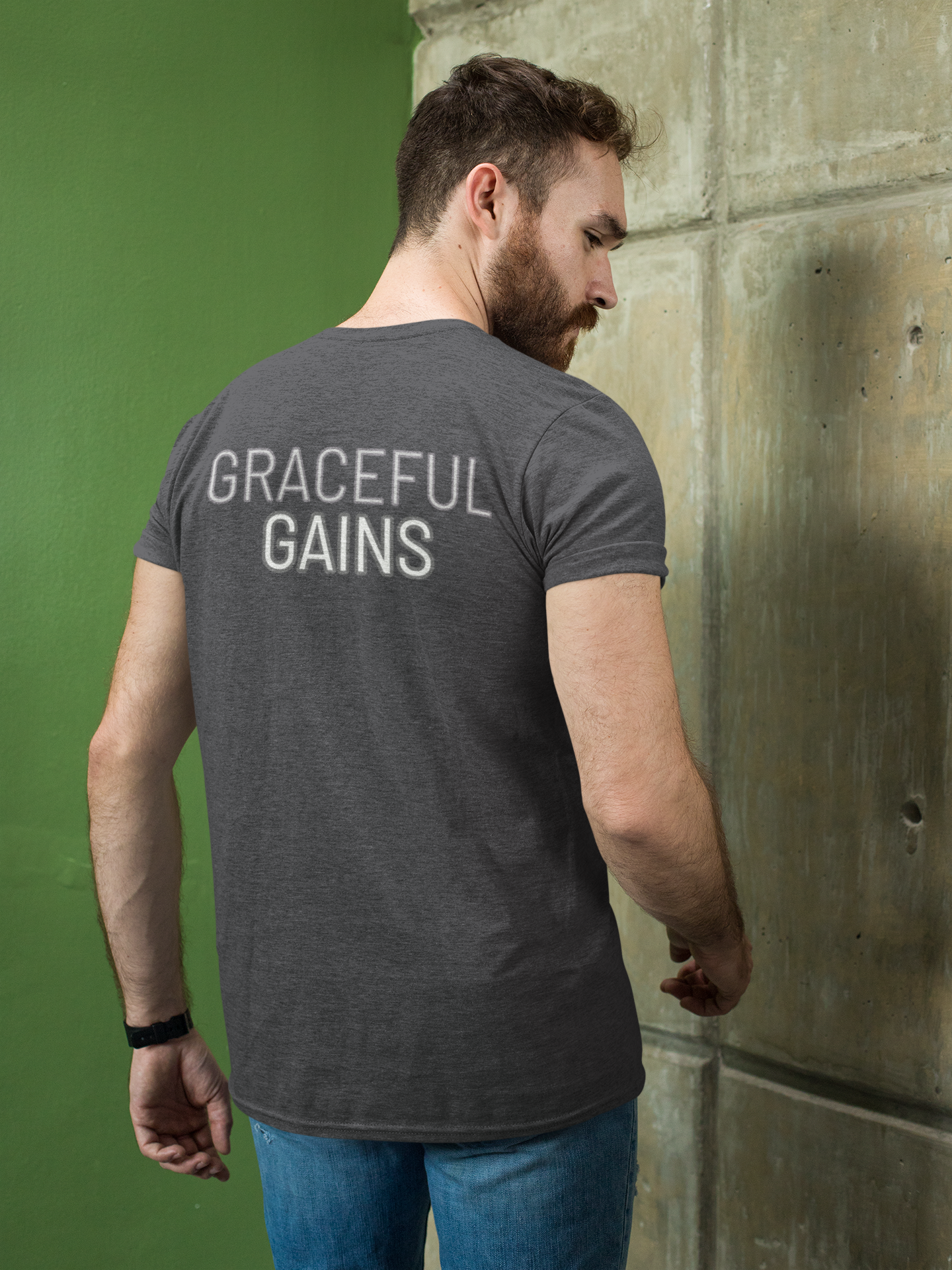 Tough Nation Graceful Gains Christian T-Shirt in Grey - Back View - Faith-Based Workout Shirt