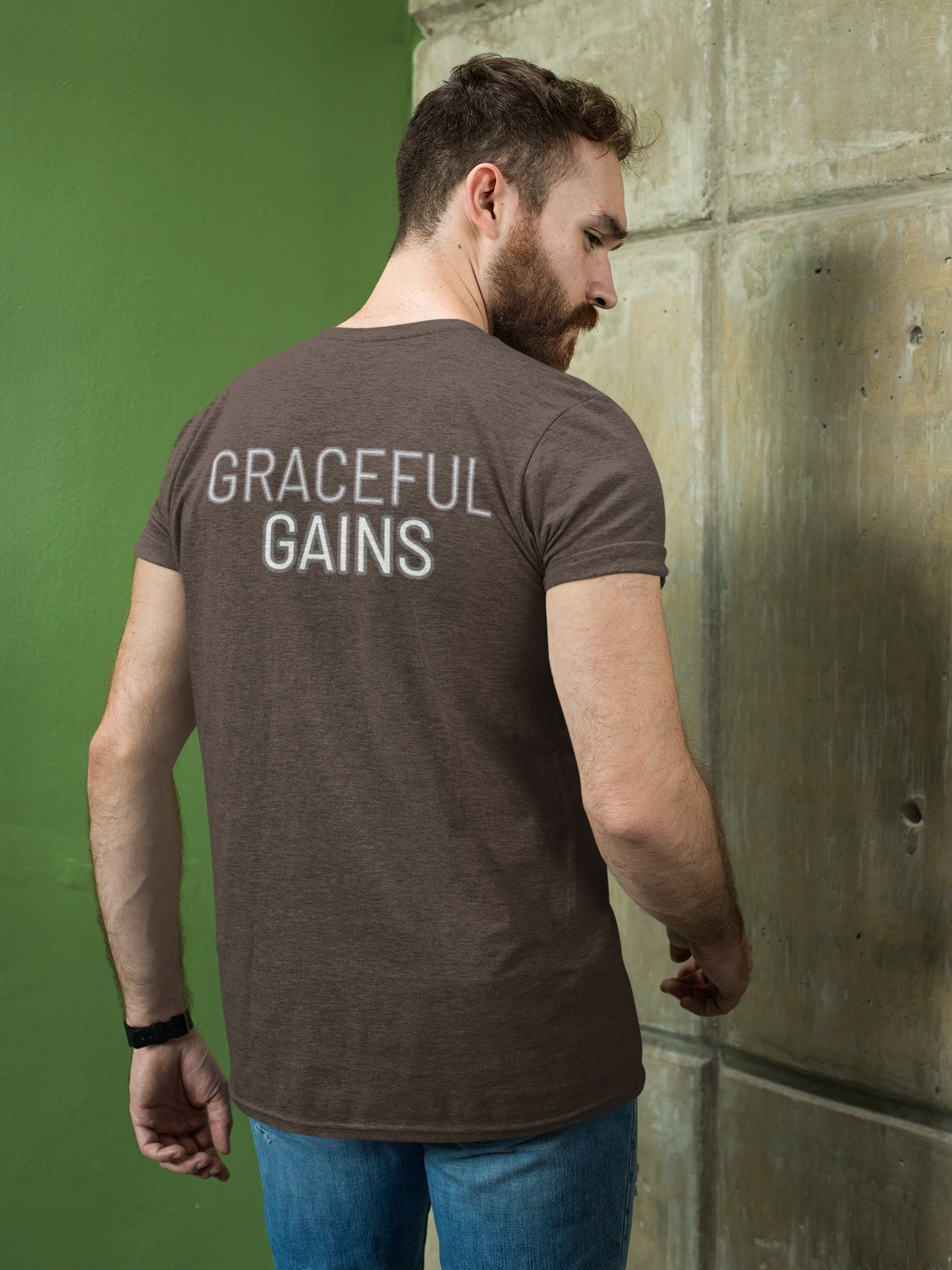 Tough Nation Graceful Gains T-Shirt in Macchiato - Back View - Men's Christian Fitness Gear