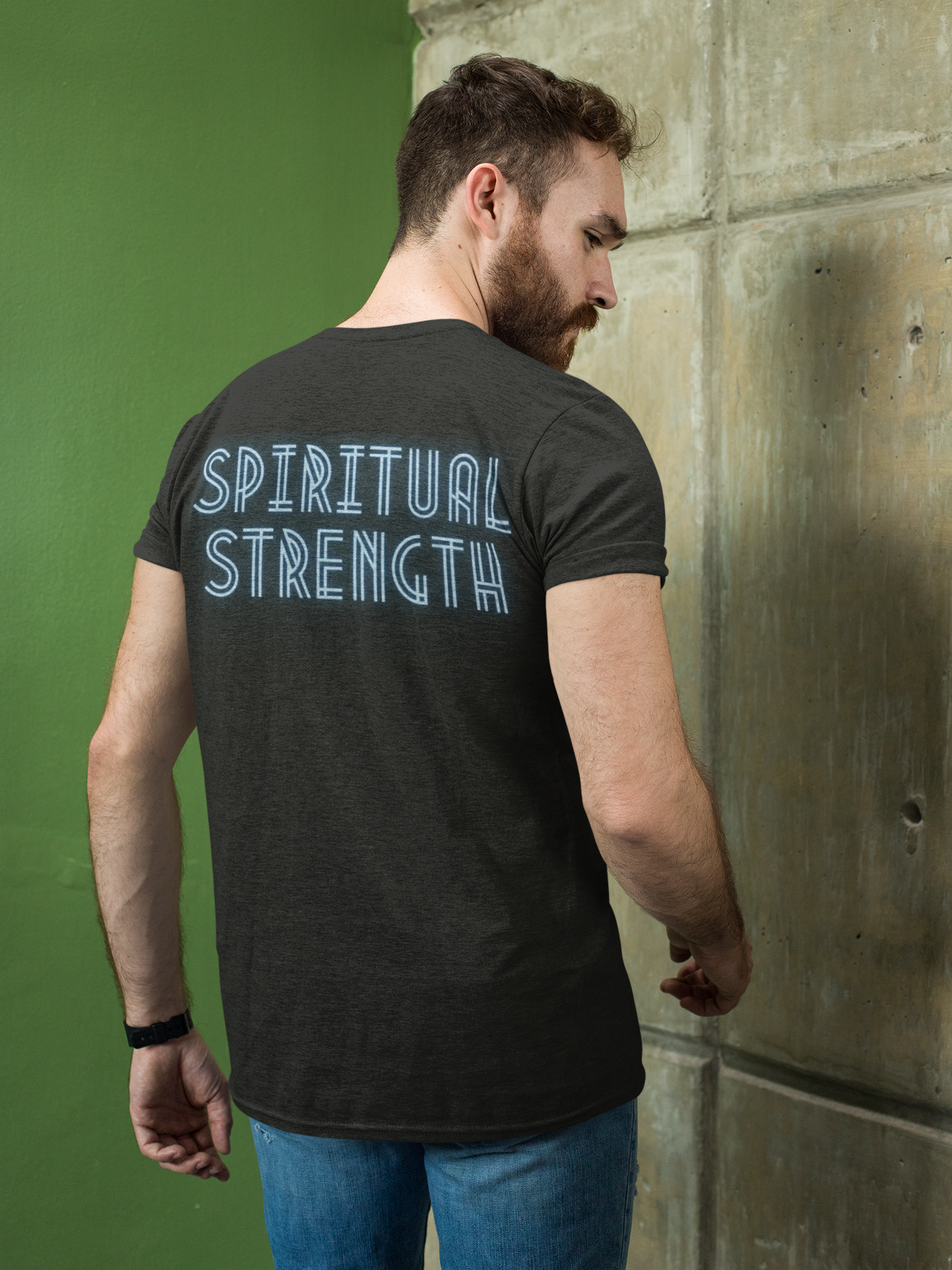 Model Sporting Tough Nation Spiritual Strength T-Shirt in Black - Back Design - Faith-Inspired Activewear