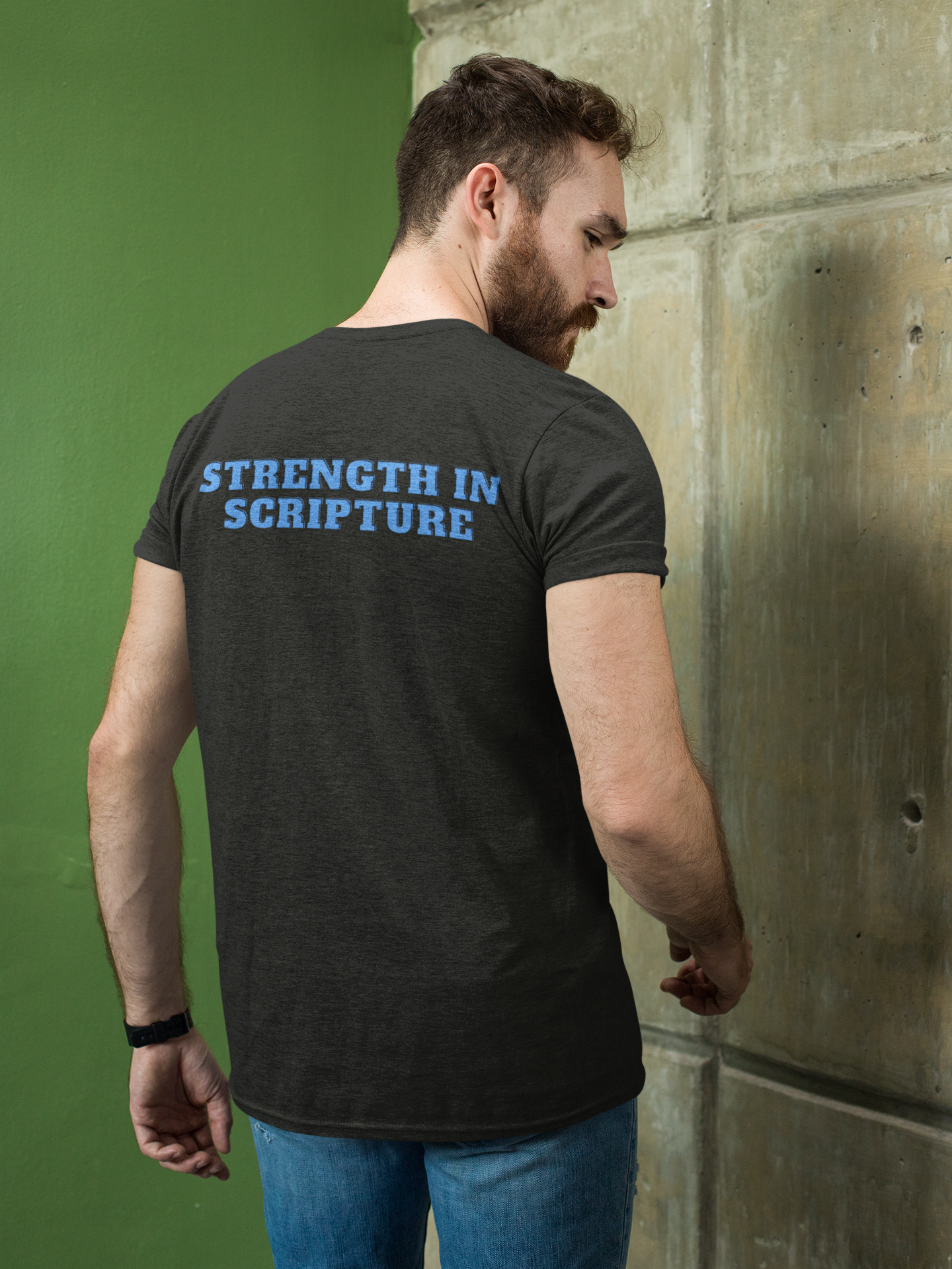 Model Sporting Tough Nation Strength In Scripture Christian T-Shirt - Black - Back View - Religious Activewear