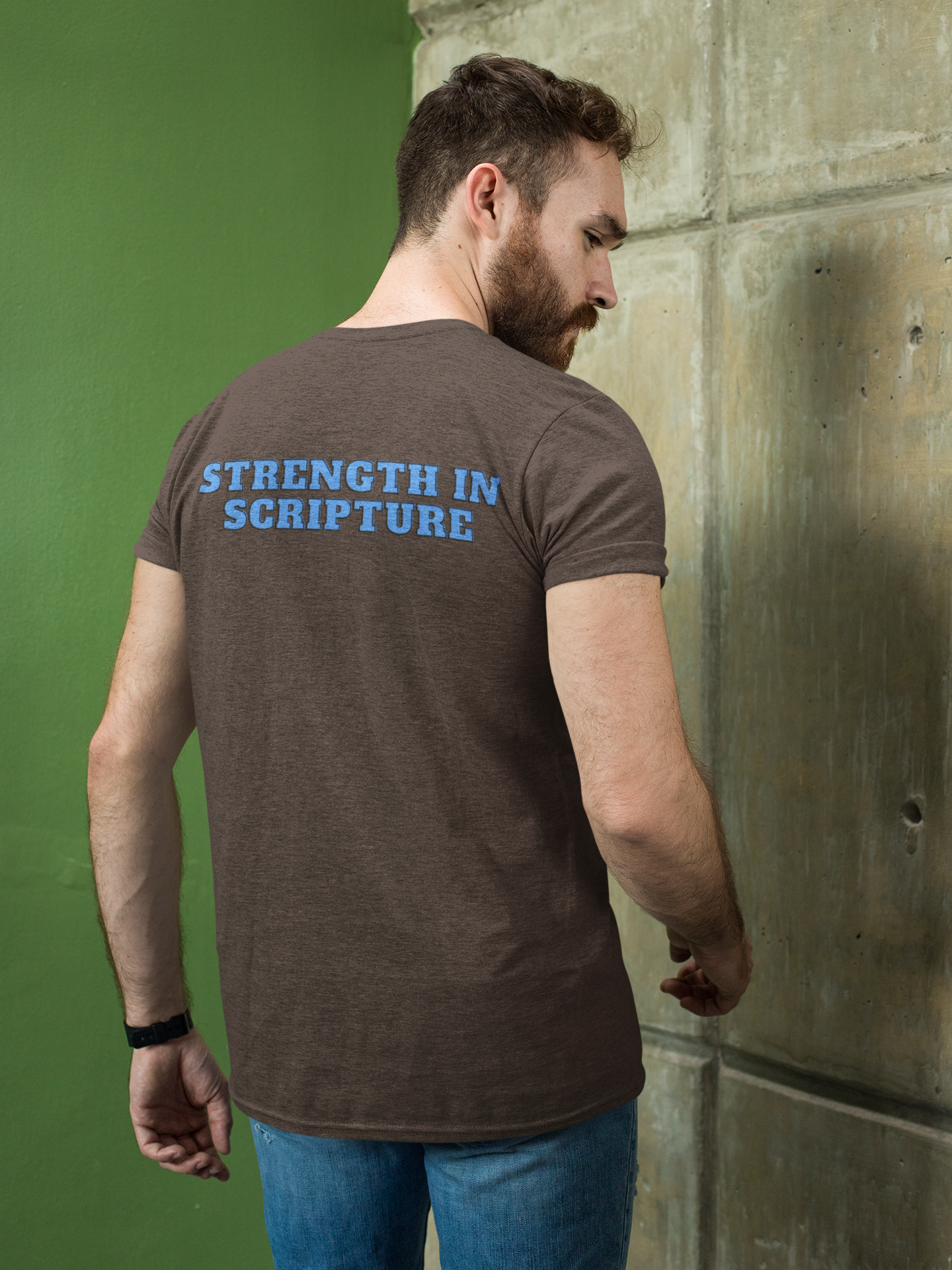 Tough Nation Strength In Scripture Christian T-Shirt - Macchiato - Back View - Men's Faith-Based Workout Gear