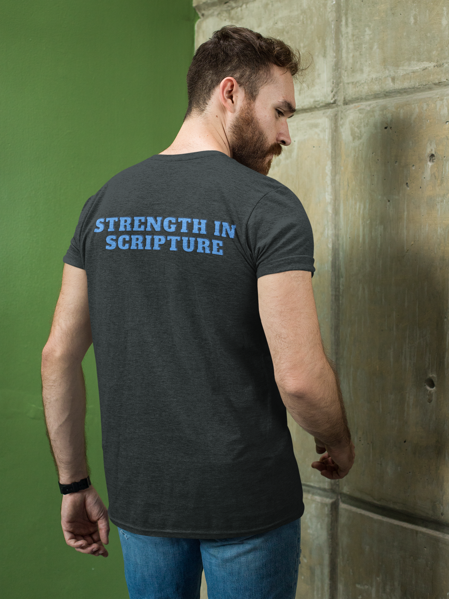 Tough Nation Strength In Scripture T-Shirt - Navy - Back View - Christian Gym Shirt for Men