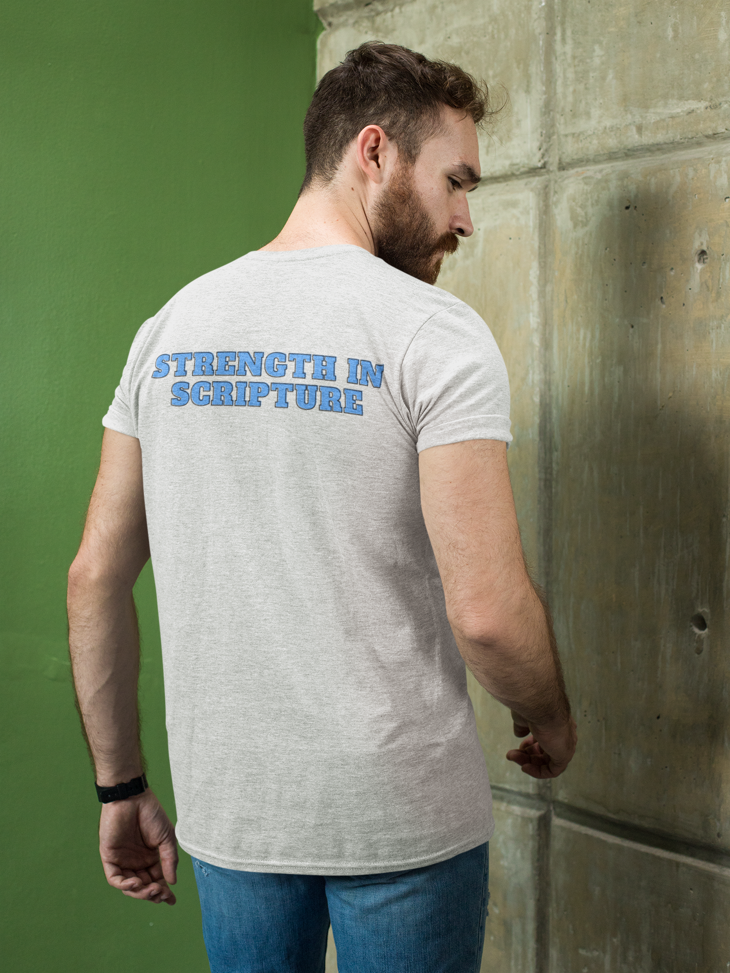 Man Wearing Tough Nation Strength In Scripture Christian T-Shirt - White - Back View - Faith & Fitness