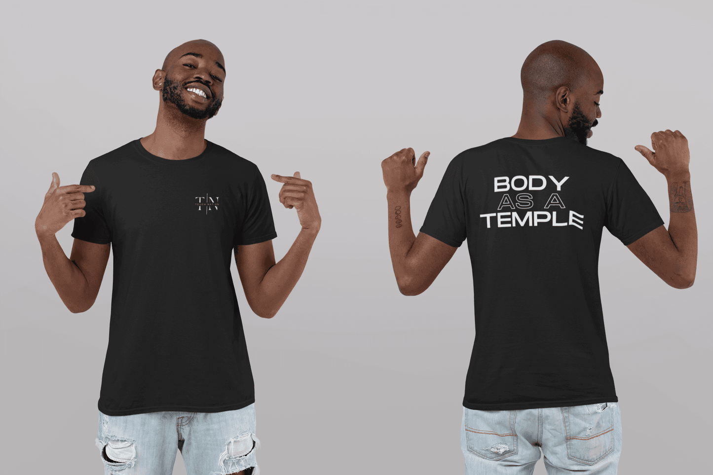 A Christian man wearing a vintage black shirt with a faith-based message. The front features tough nation's logo (left sideof photo), while the back prominently displays the text "Body As A Temple" (right side of photo), motivating him to stay active in Christ-centered fitness.