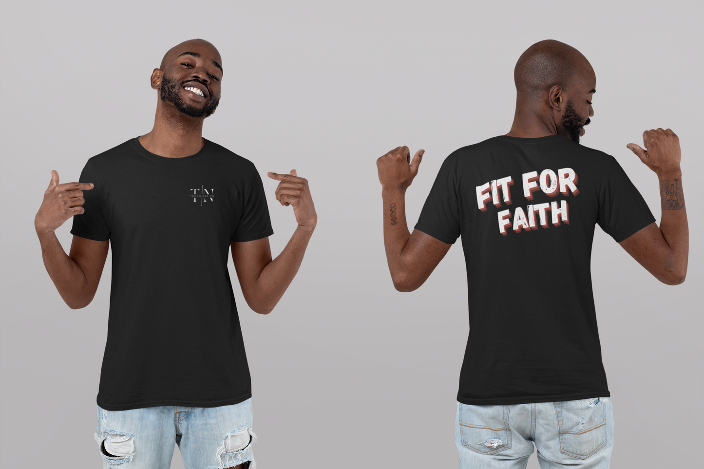 Tough Nation Fit For Faith Christian T-Shirt - Black - Front and Back Views on Model