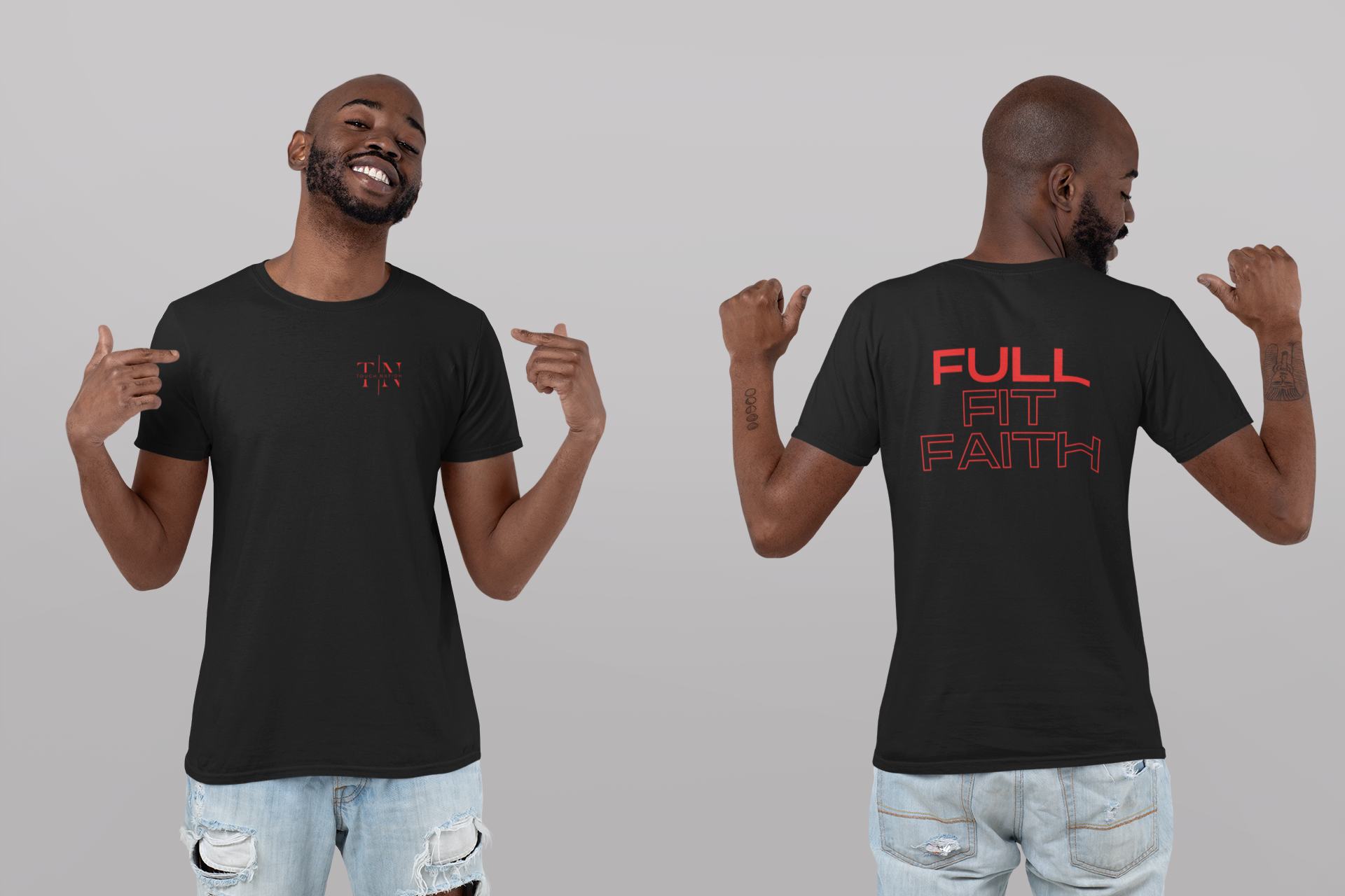 Tough Nation Full Fit Faith Christian T-Shirt - Black - Front and Back Views on Model