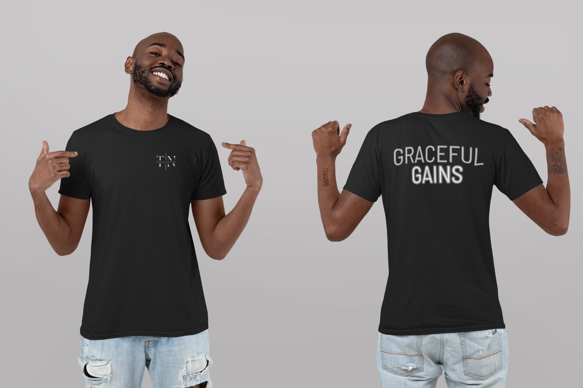 Tough Nation Graceful Gains Christian T-Shirt - Black - Front and Back Views on Model - Women's Activewear