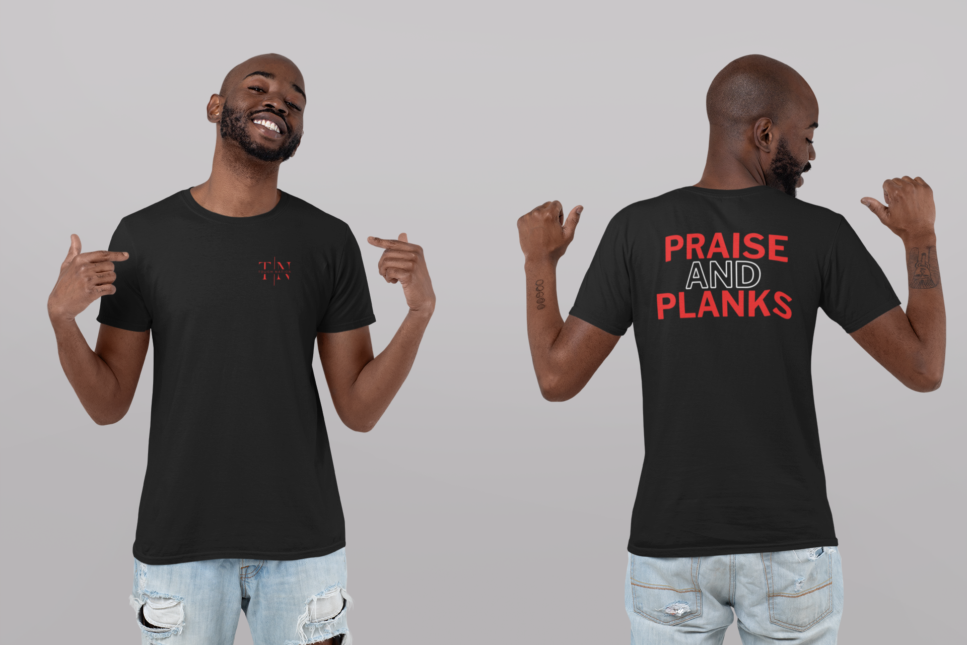 Tough Nation Praise & Planks T-Shirt - Black - Front and Back Views on Model - Christian Workout Clothes