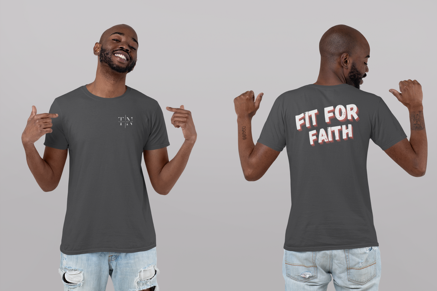 Christian Fitness Apparel: Tough Nation Fit For Faith Tee - Grey - Front and Back View