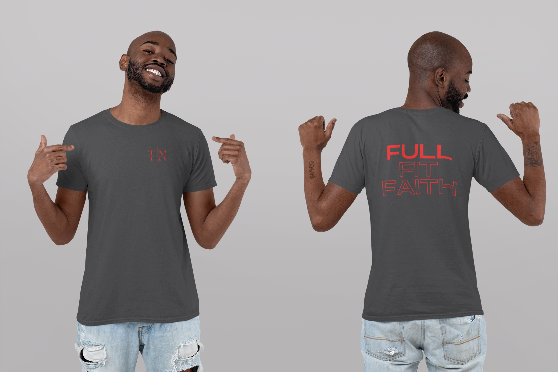 Christian Fitness Apparel: Tough Nation Full Fit Faith Tee - Grey - Front and Back Views