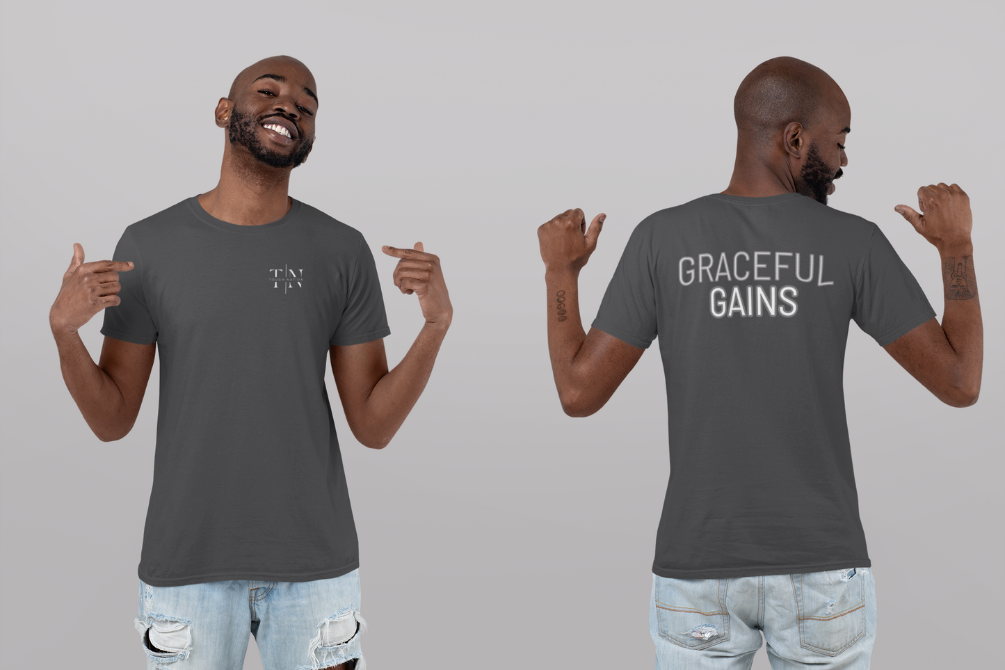 Christian Fitness Apparel: Tough Nation Graceful Gains Tee - Grey - Front and Back View