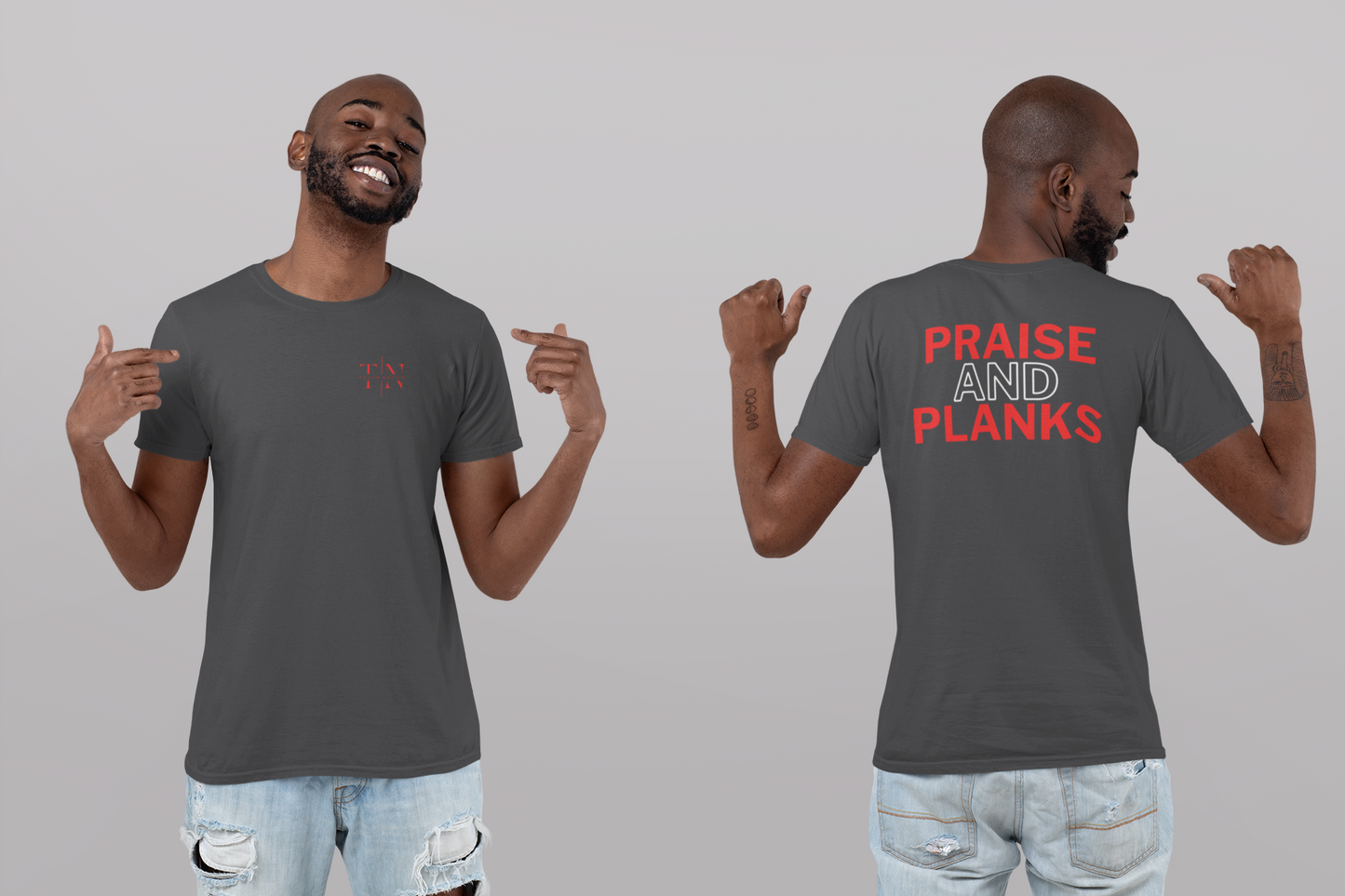 Christian Activewear: Tough Nation Praise & Planks Tee - Grey - Front and Back View - Men's Workout Clothes