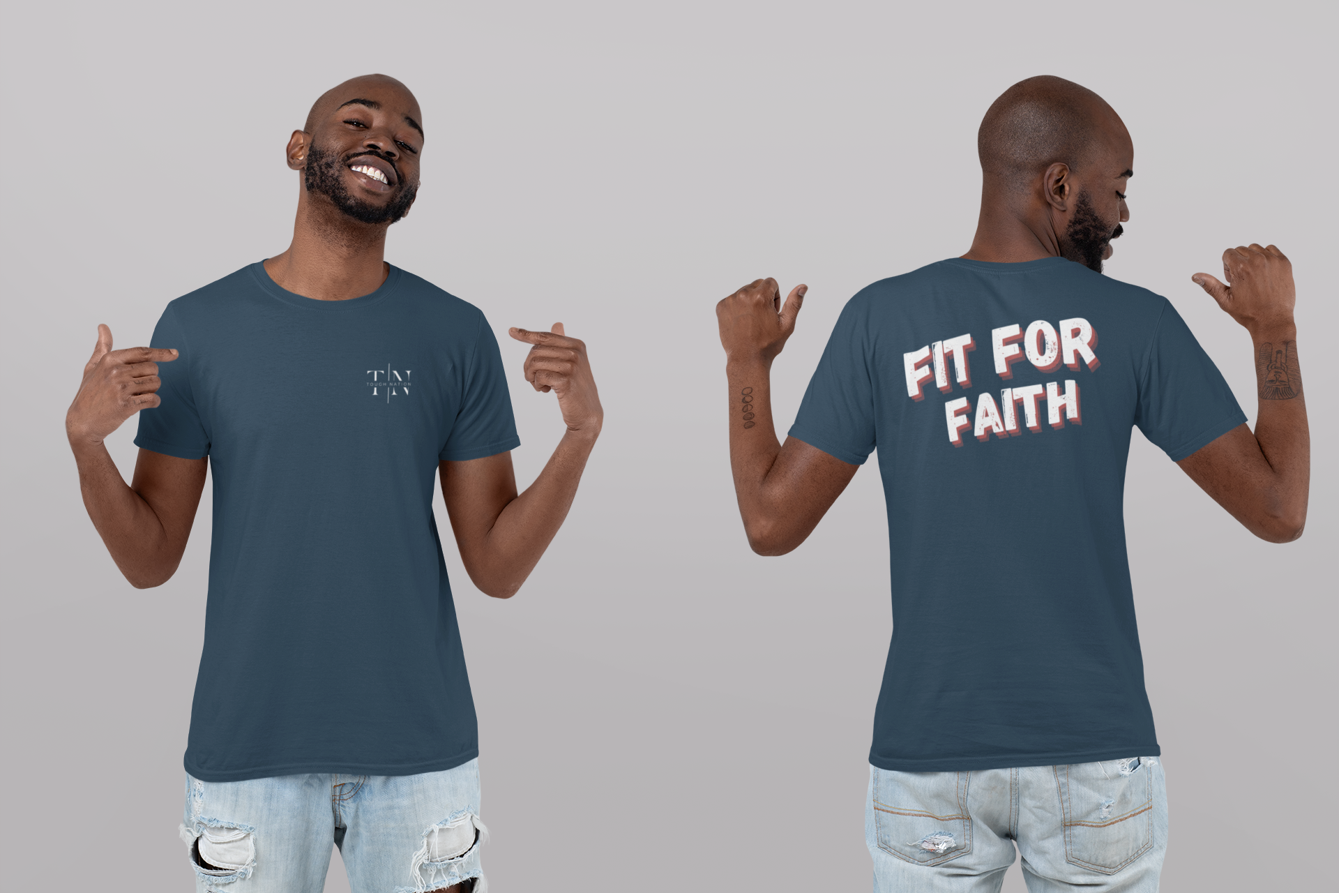 Tough Nation Fit For Faith Christian T-shirt in Indigo - Double-Sided View - Faith and Fitness Style